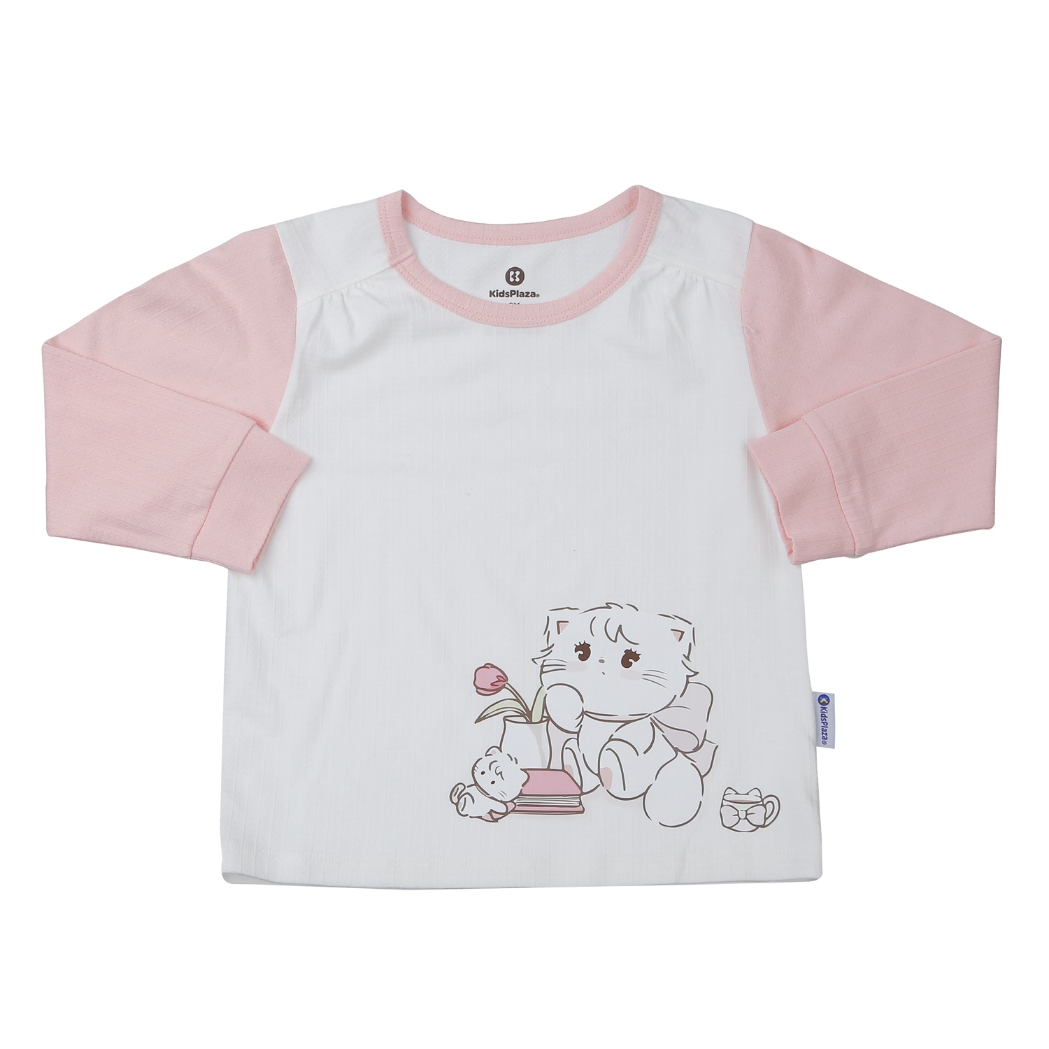 Bộ quần áo dài tay bé gái KidsPlaza rayon in mèo M25T (Trắng hồng)