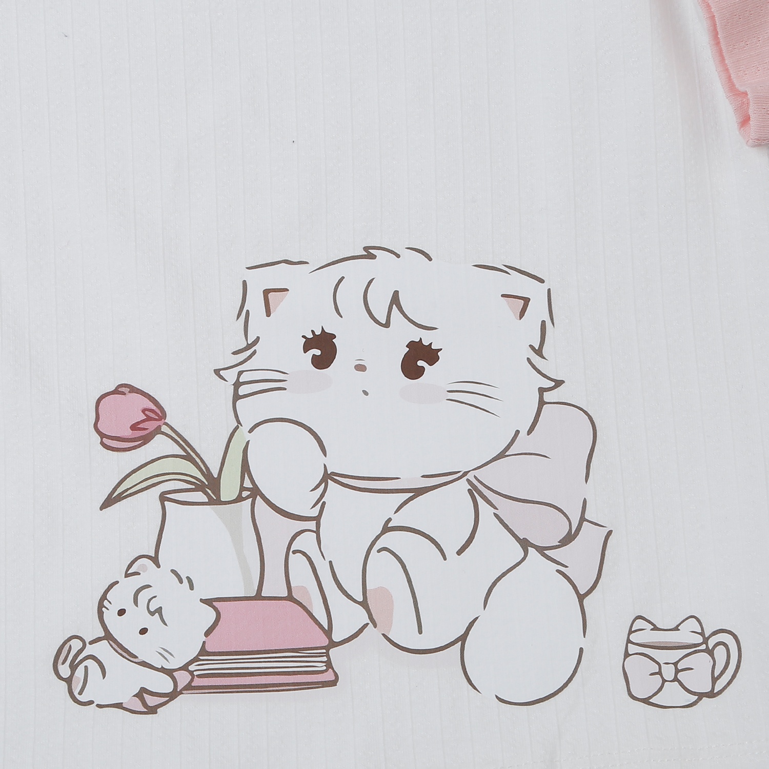 Bộ quần áo dài tay bé gái KidsPlaza rayon in mèo M25T (Trắng hồng)