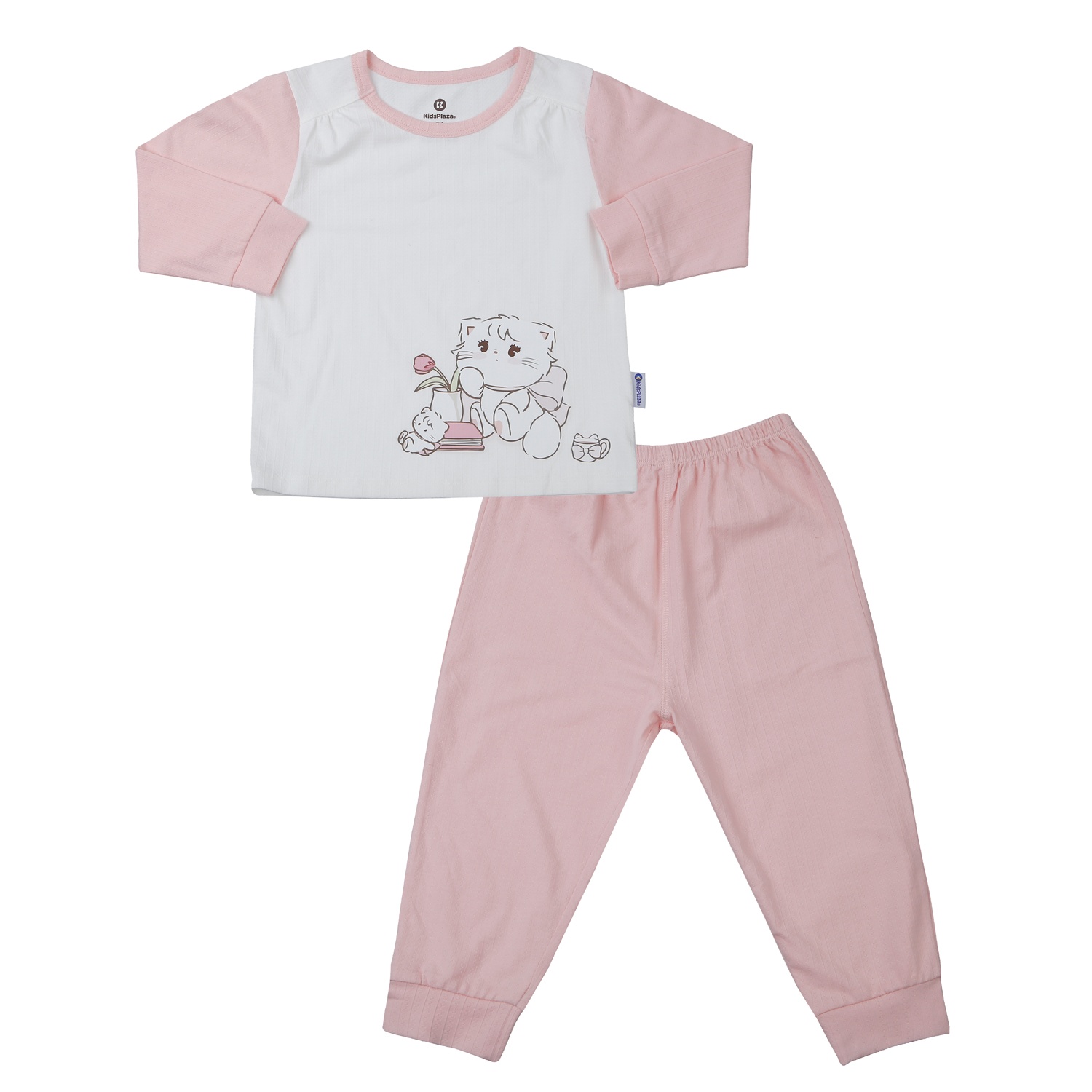 Bộ quần áo dài tay bé gái KidsPlaza rayon in mèo M25T (Trắng hồng)
