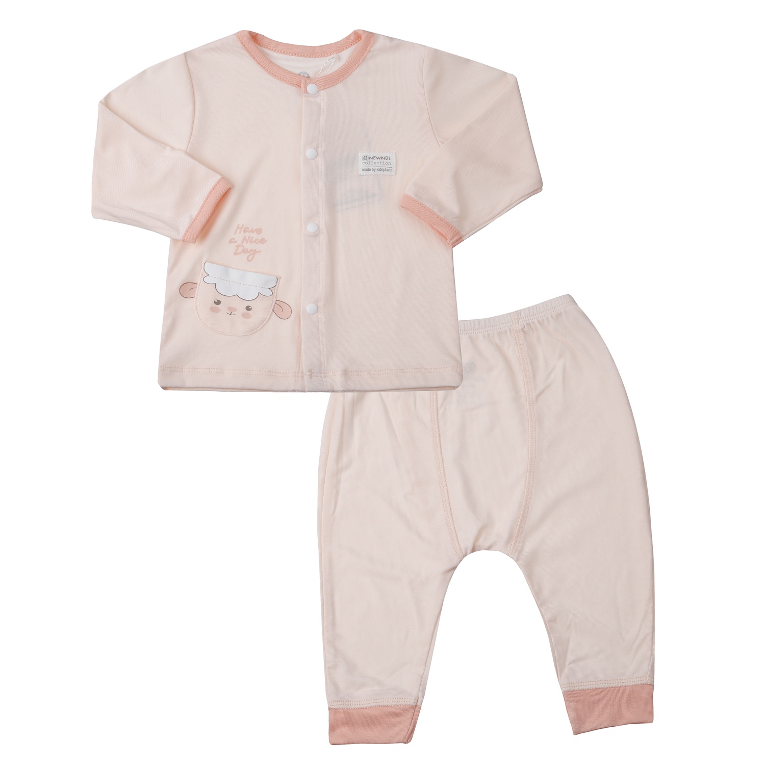 Bộ quần áo dài tay cài giữa KidsPlaza in cừu ND25T (Hồng cam)