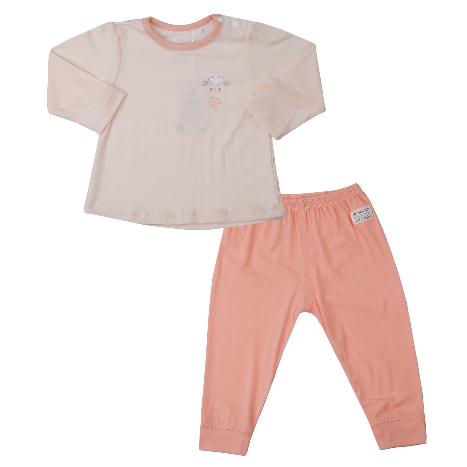 Bộ quần áo dài tay cài vai KidsPlaza Otis in cừu ND25T (Hồng cam)