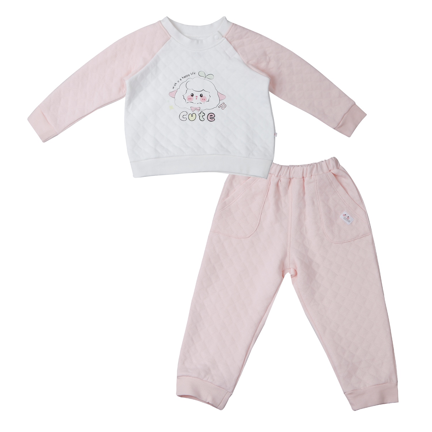 Bộ quần áo dài tay trần bông cài vai KidsPlaza M25D (Trắng hồng)