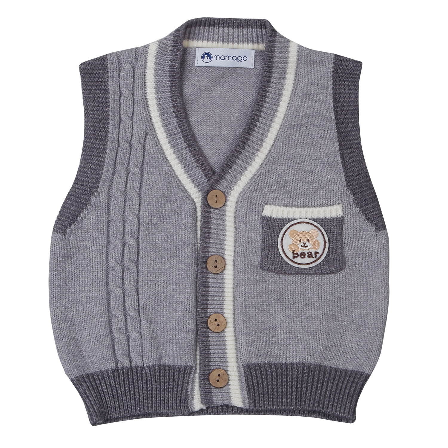 Áo Gile len bé trai Mamago cài cúc có túi 25M-G10 (Ghi) 