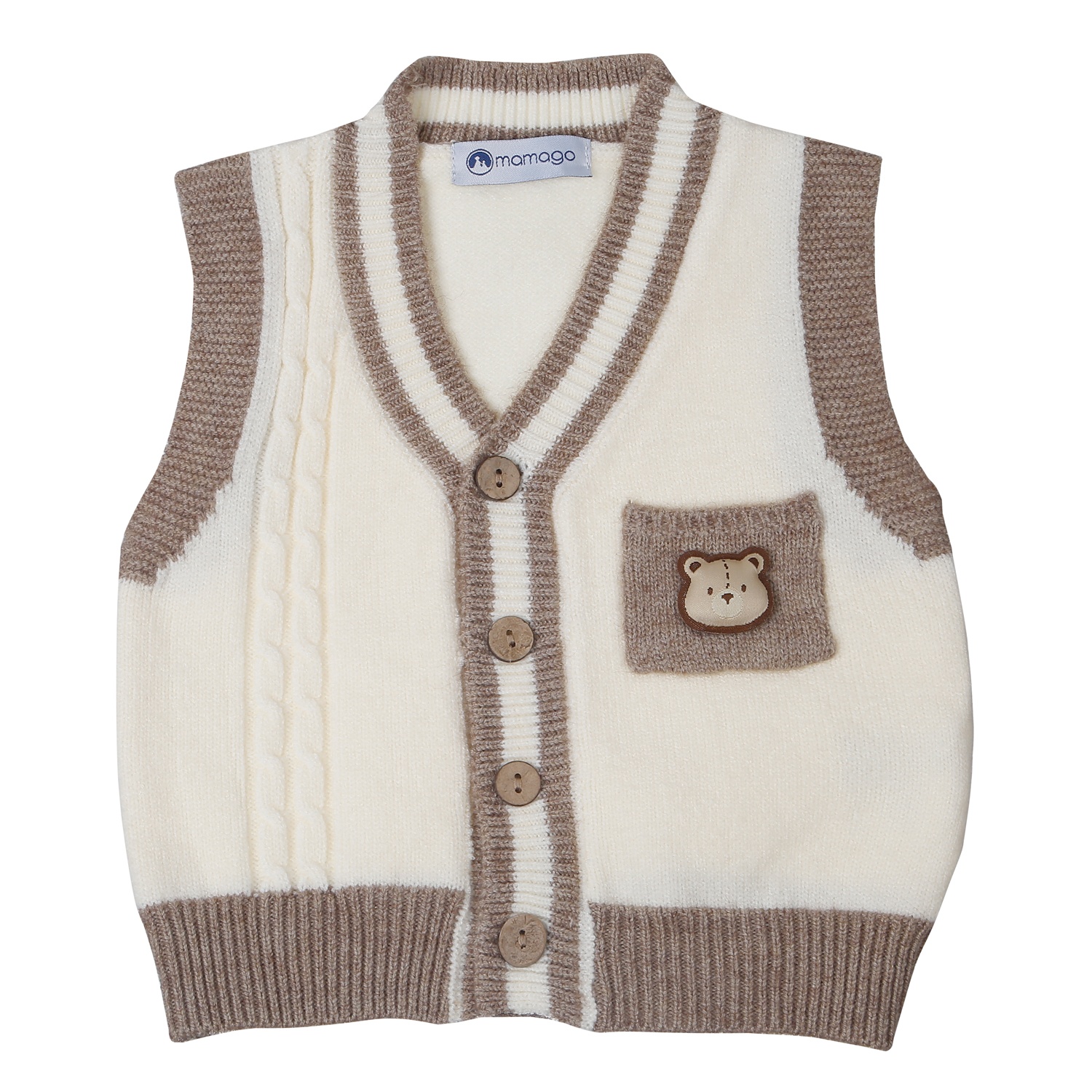 Áo Gile len bé trai Mamago cài cúc có túi 25M-G10 (Trắng) 