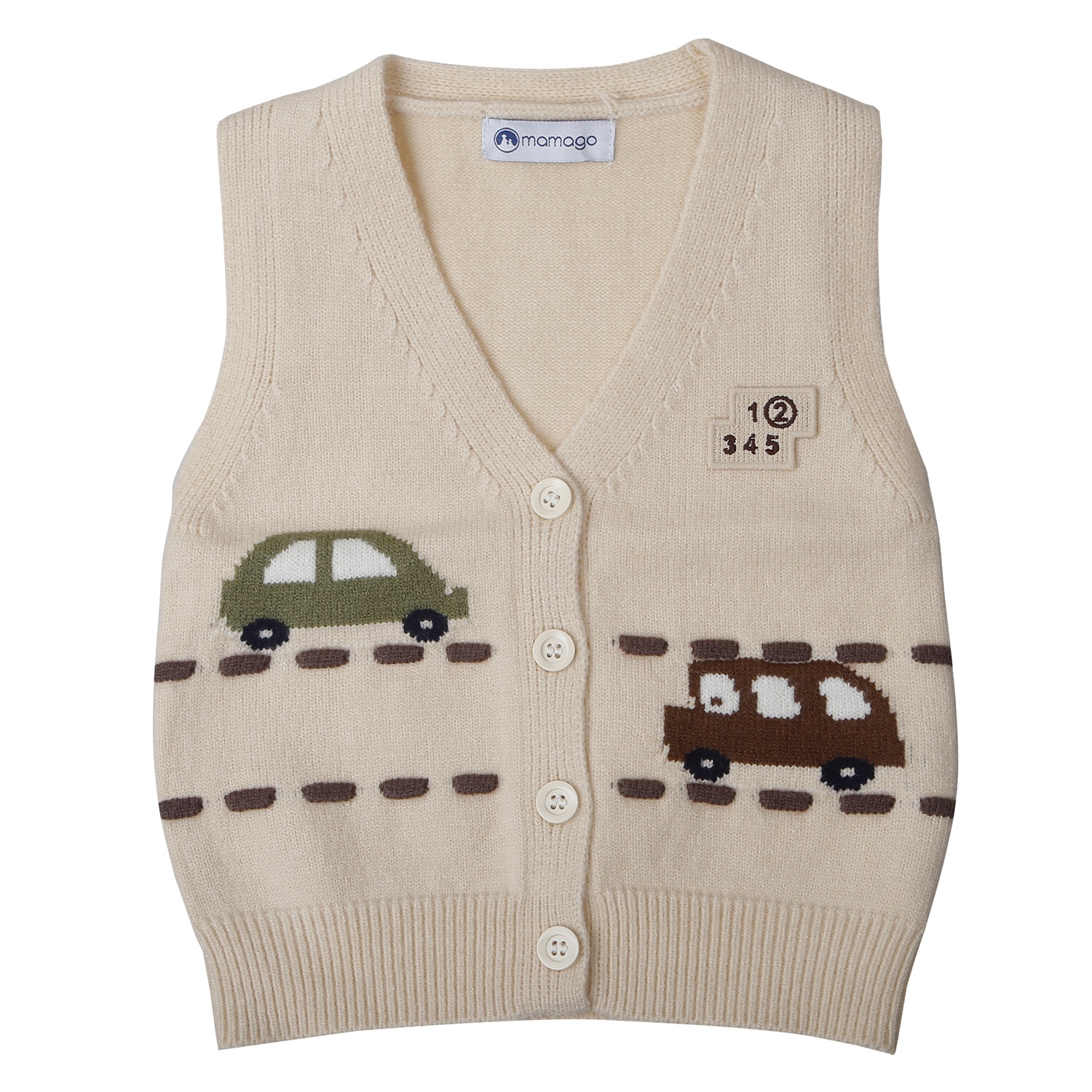 Áo gile len bé trai Mamago cài cúc dệt ô tô 25M-G12 (Be)