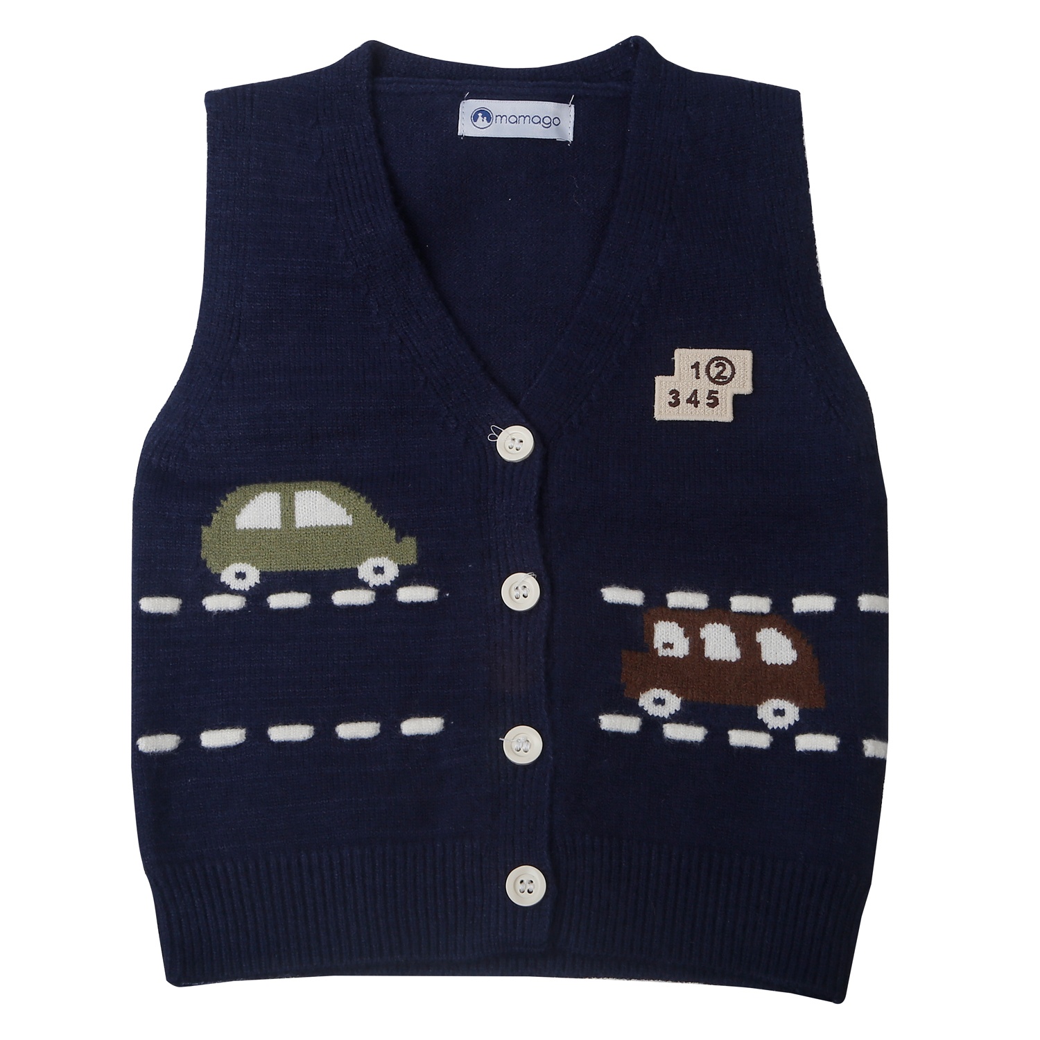 Áo gile len bé trai Mamago cài cúc dệt ô tô 25M-G12 (Xanh than)