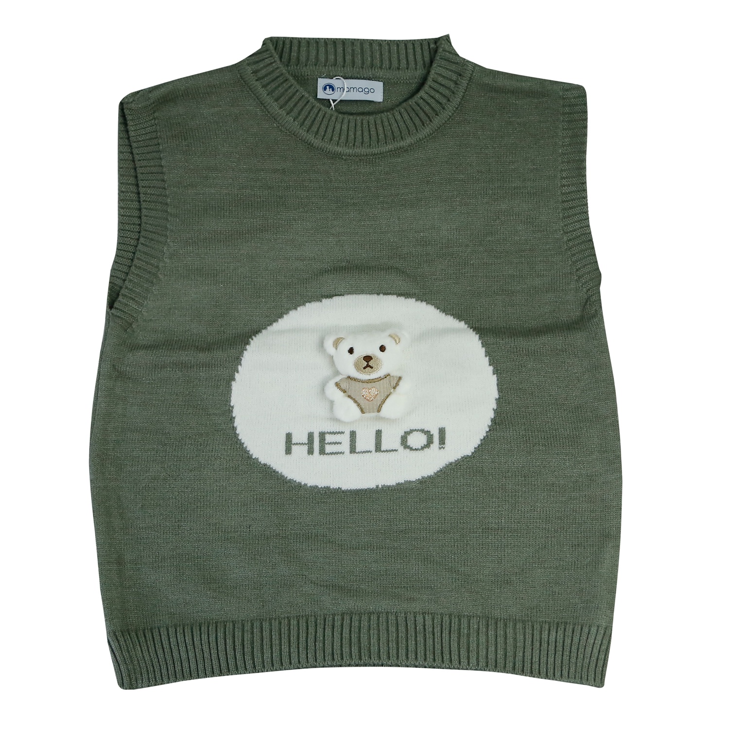 Áo gile len bé trai Mamago in gấu Hello 25M-G06 (Xanh rêu)