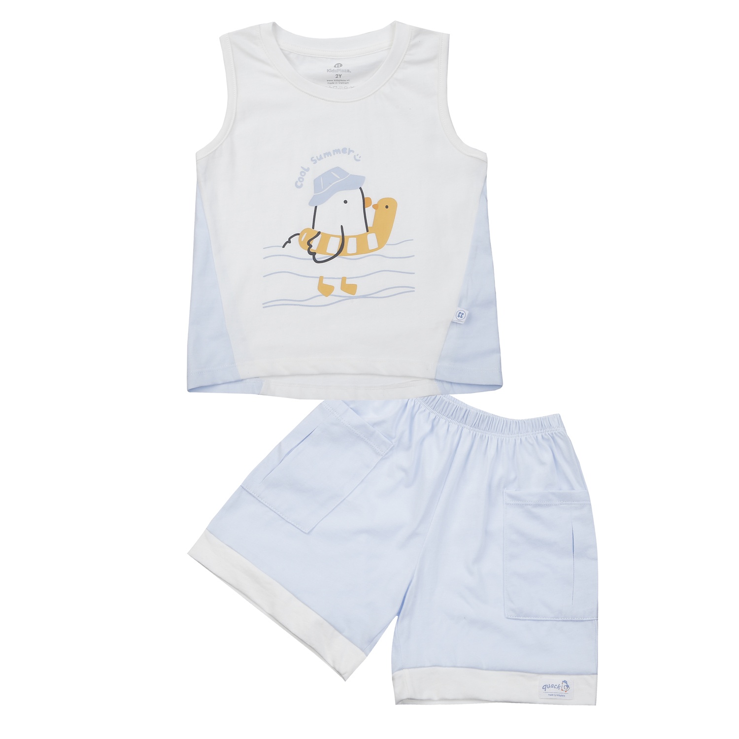Bộ quần áo ba lỗ bé trai Kidsplaza in hình vịt bơi BA25H (Trắng Xanh) hình 1