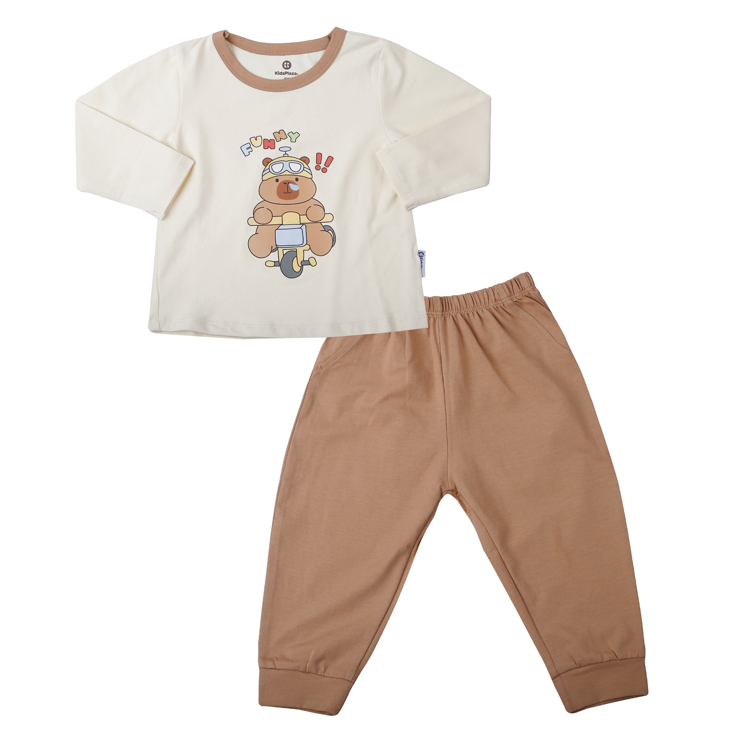 Bộ quần áo dài tay bé trai KidsPlaza cotton in funny M25T (Nâu be)