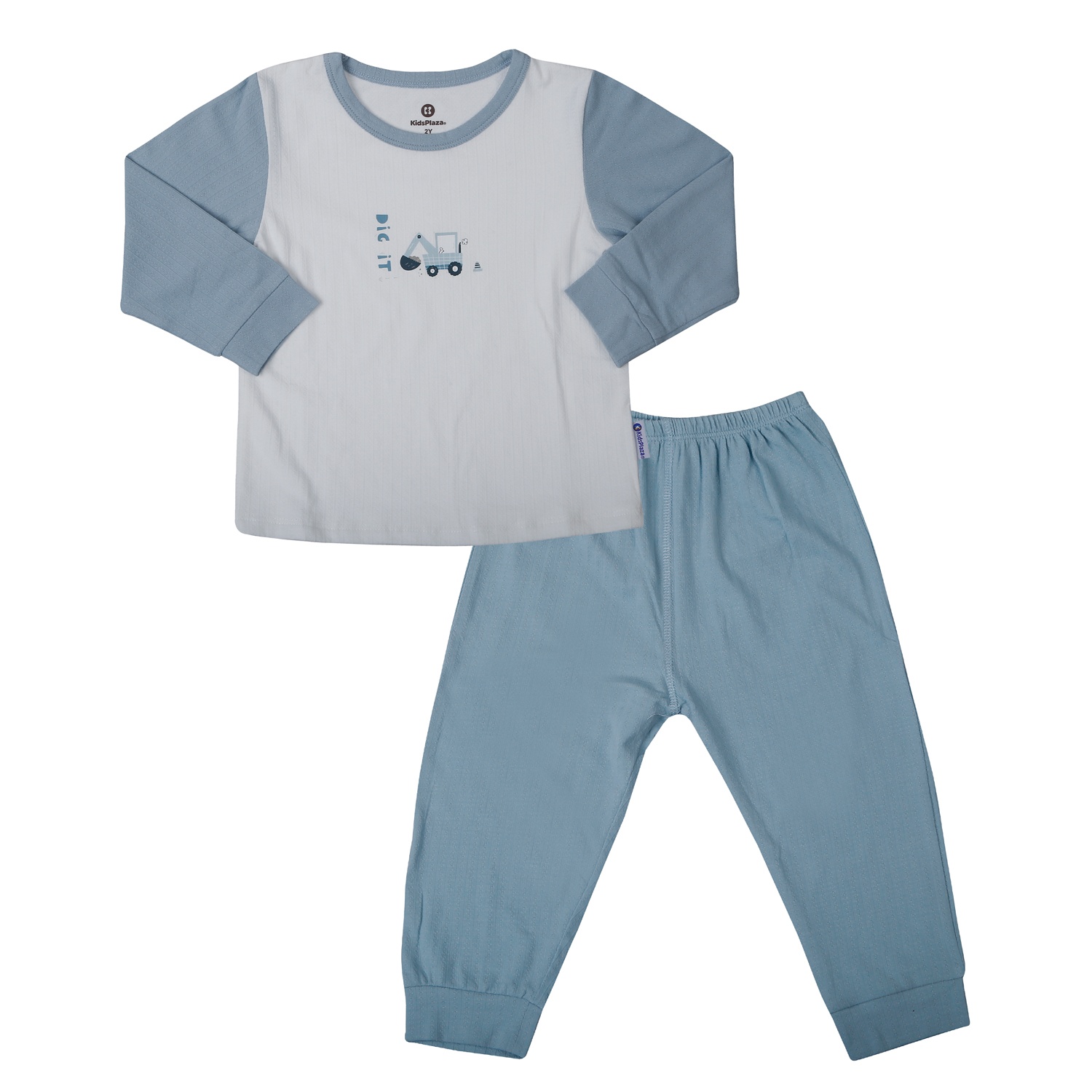 Bộ quần áo dài tay bé trai KidsPlaza rayon in máy xúc M25T (Màu xanh)