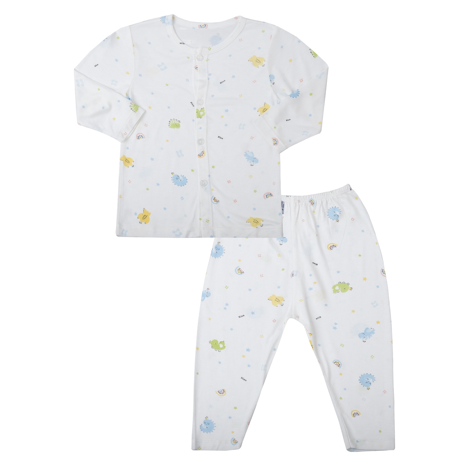 Bộ quần áo dài tay cài giữa Kiza in khủng long ND25T (Trắng xanh)