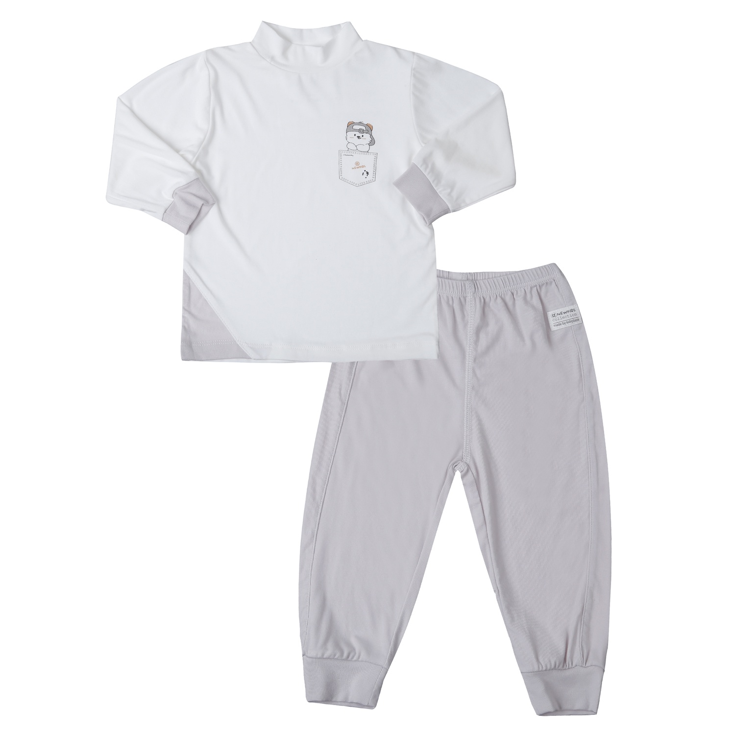 Bộ quần áo dài tay KidsPlaza Otis cổ 3 phân in gấu ND25T (Trắng ghi)