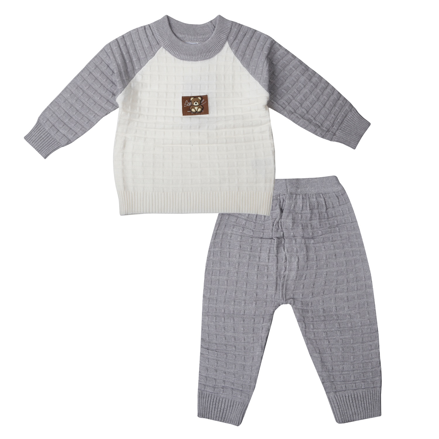 Bộ quần áo len bé trai Mamago hình gấu 25M-QA01 (Ghi) 
