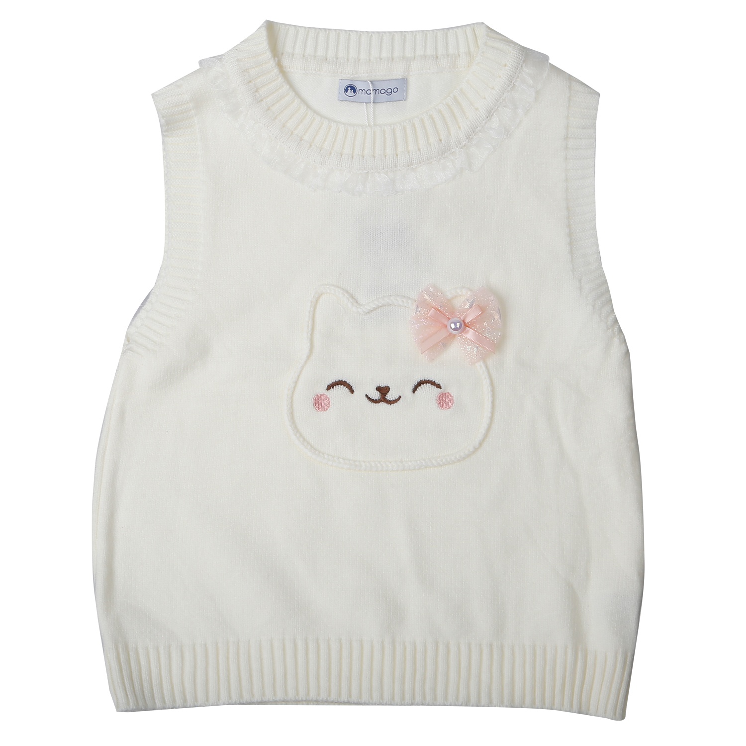 Áo gile len bé gái Mamago cổ bèo hình mèo 25M-G04 (Trắng)
