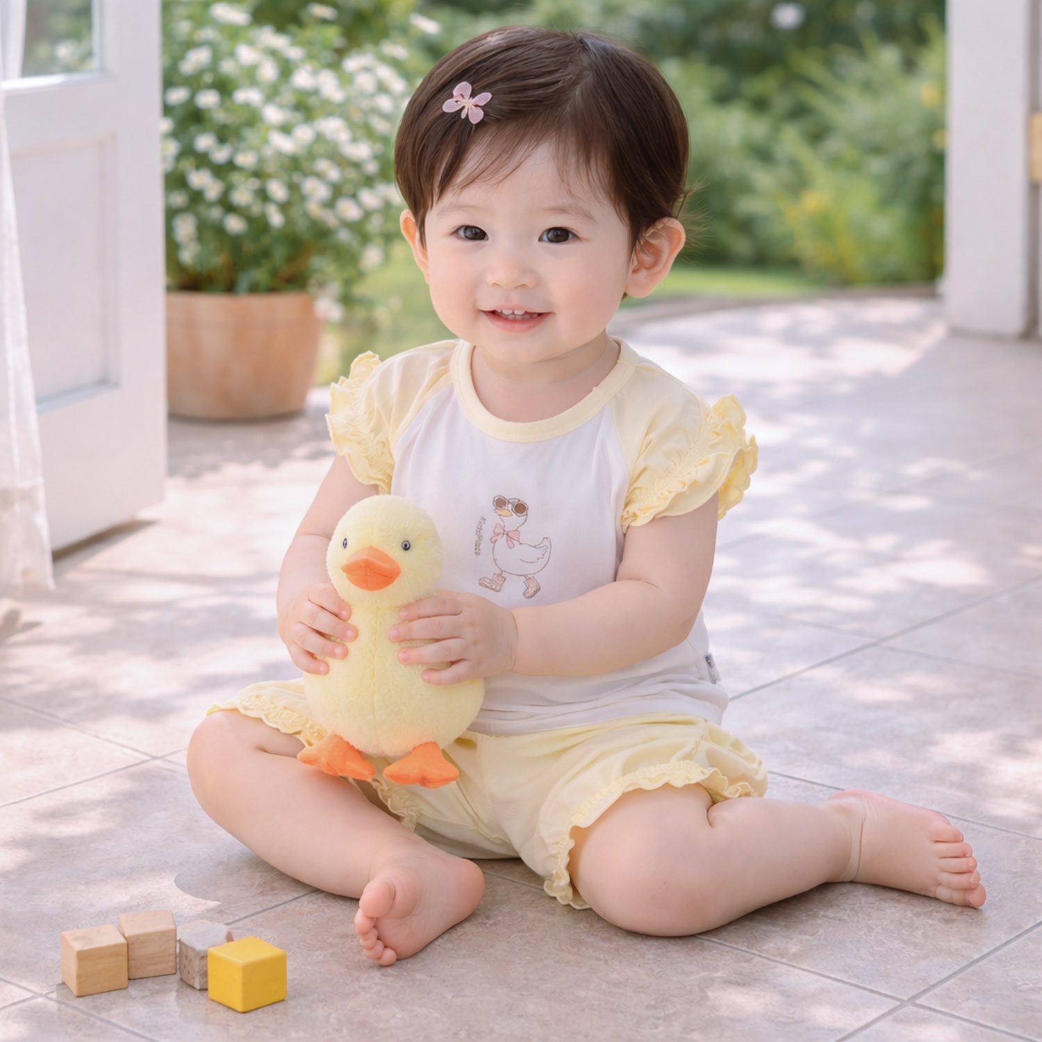 Bộ quần áo cộc tay bé gái KidsPlaza rayon in vịt M26H (Vàng)  hình 2