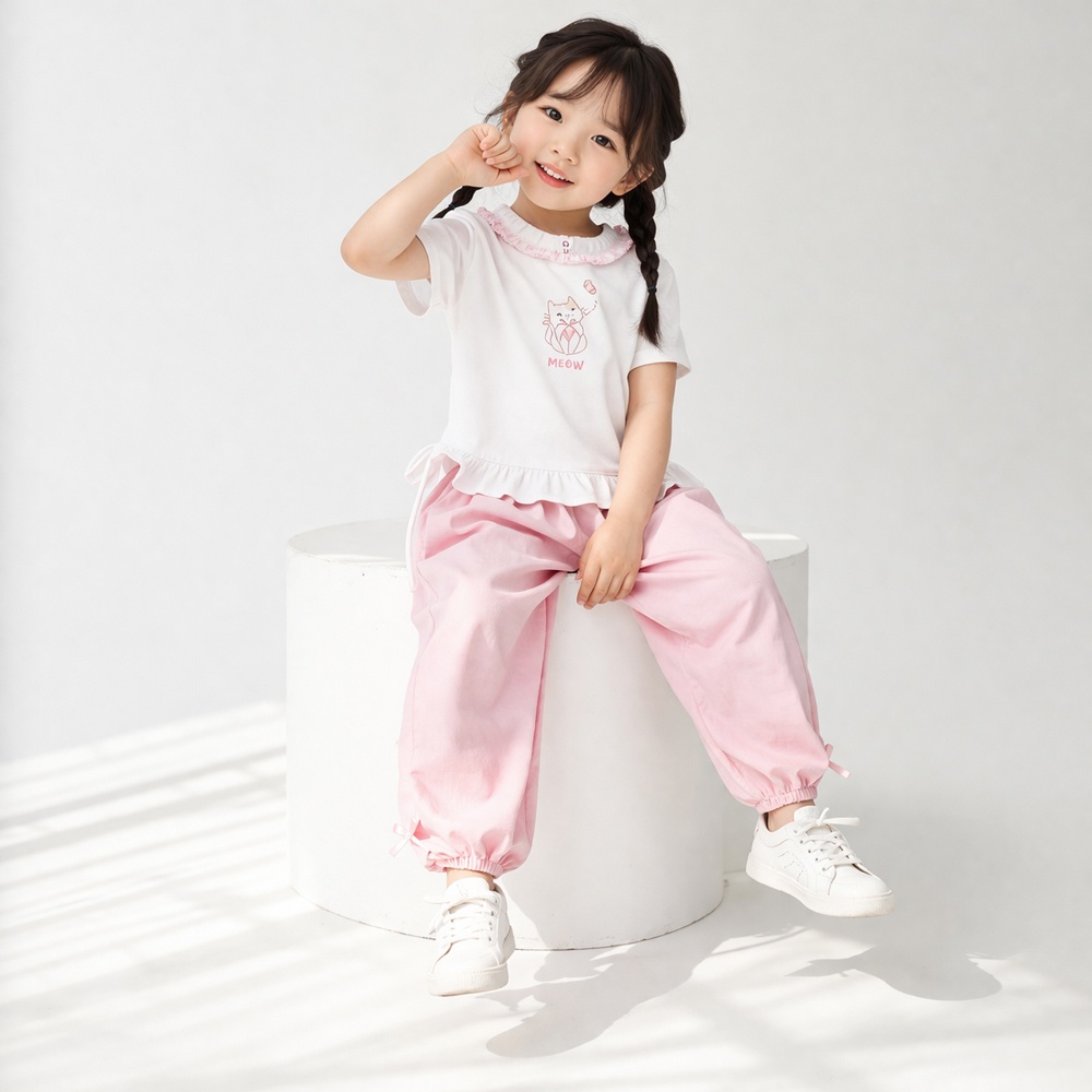 Bộ cộc cổ bèo KidsPlaza in mèo AT26H (Trắng hồng) hình 1