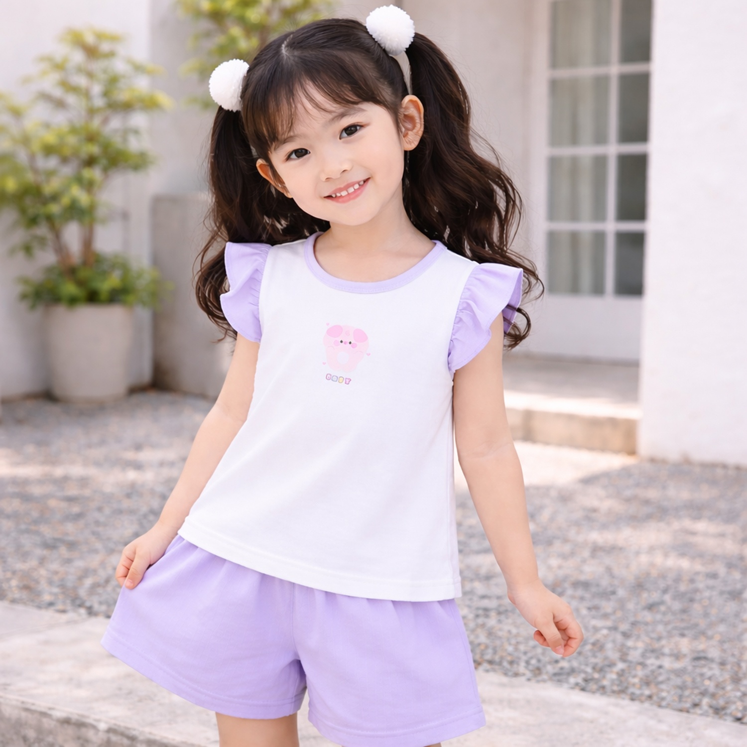 Bộ ba lỗ bé gái KidsPlaza rayon in heo dễ thương M26H (Trắng tím)  hình 3