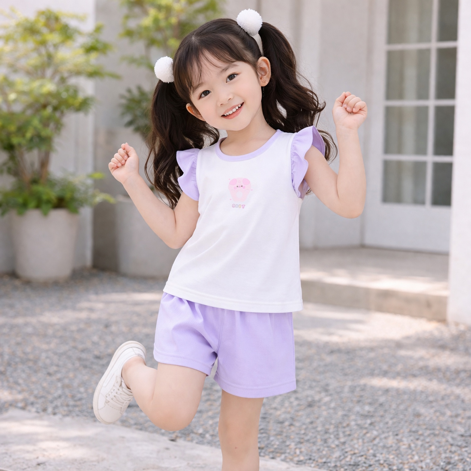 Bộ ba lỗ bé gái KidsPlaza rayon in heo dễ thương M26H (Trắng tím)  hình 2