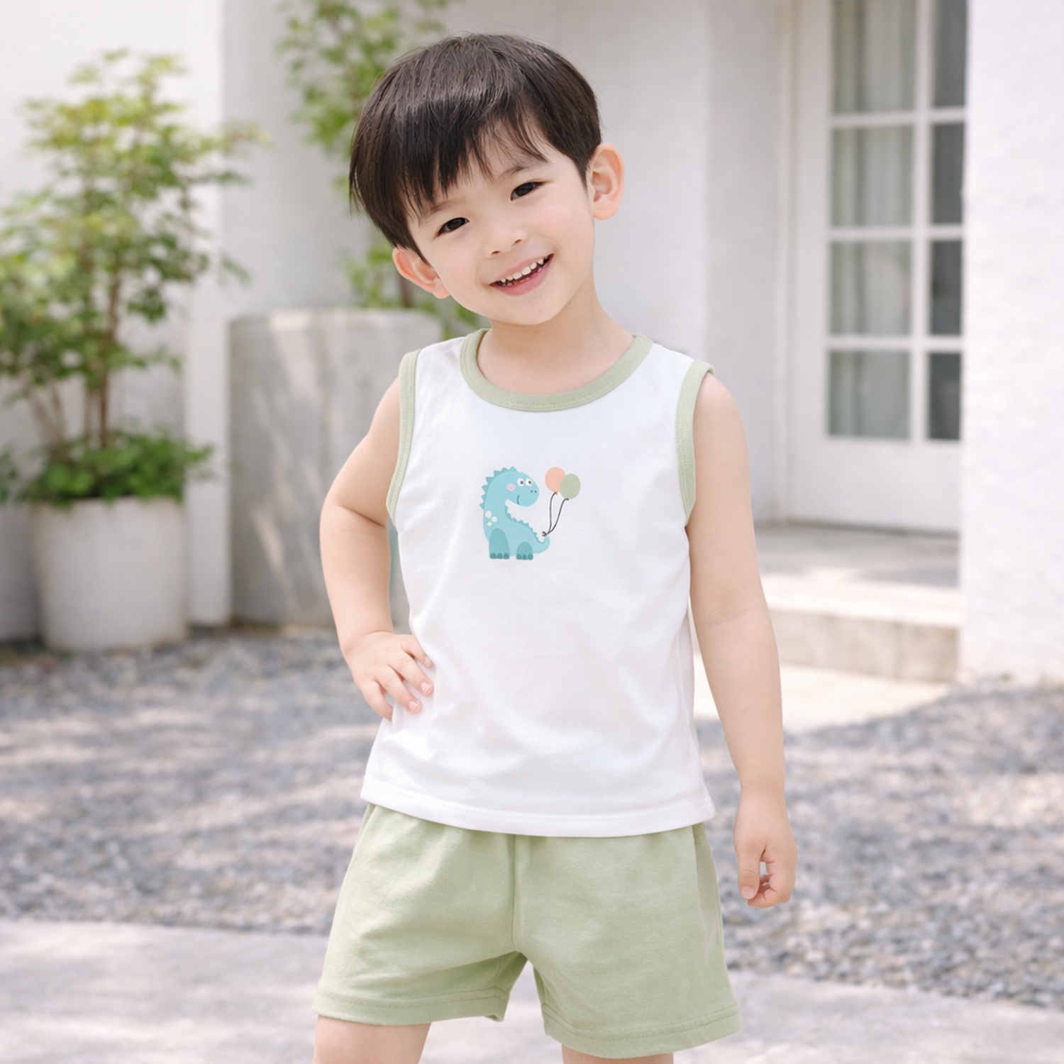 Bộ ba lỗ bé trai KidsPlaza rayon in khủng long M26H (Trắng xanh) hình 2