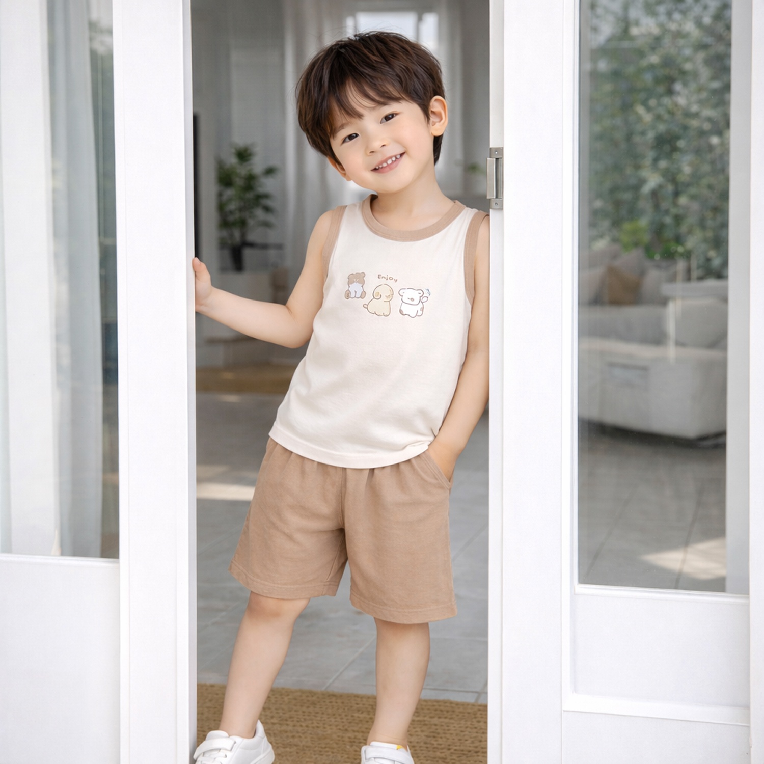 Bộ cộc ba lỗ bé trai KidsPlaza rayon in cún M26H (Vàng nâu) hình 1