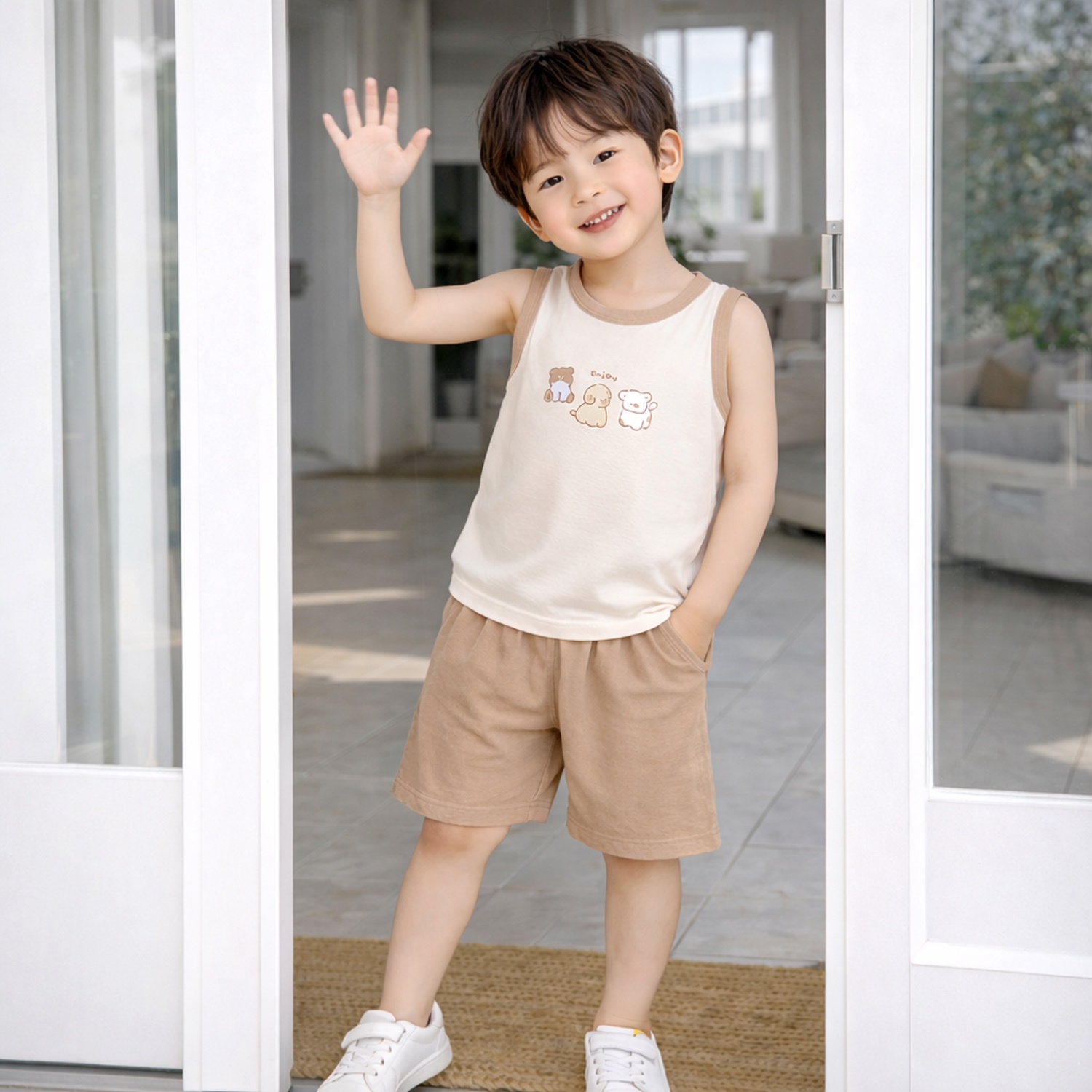 Bộ cộc ba lỗ bé trai KidsPlaza rayon in cún M26H (Vàng nâu) hình 4