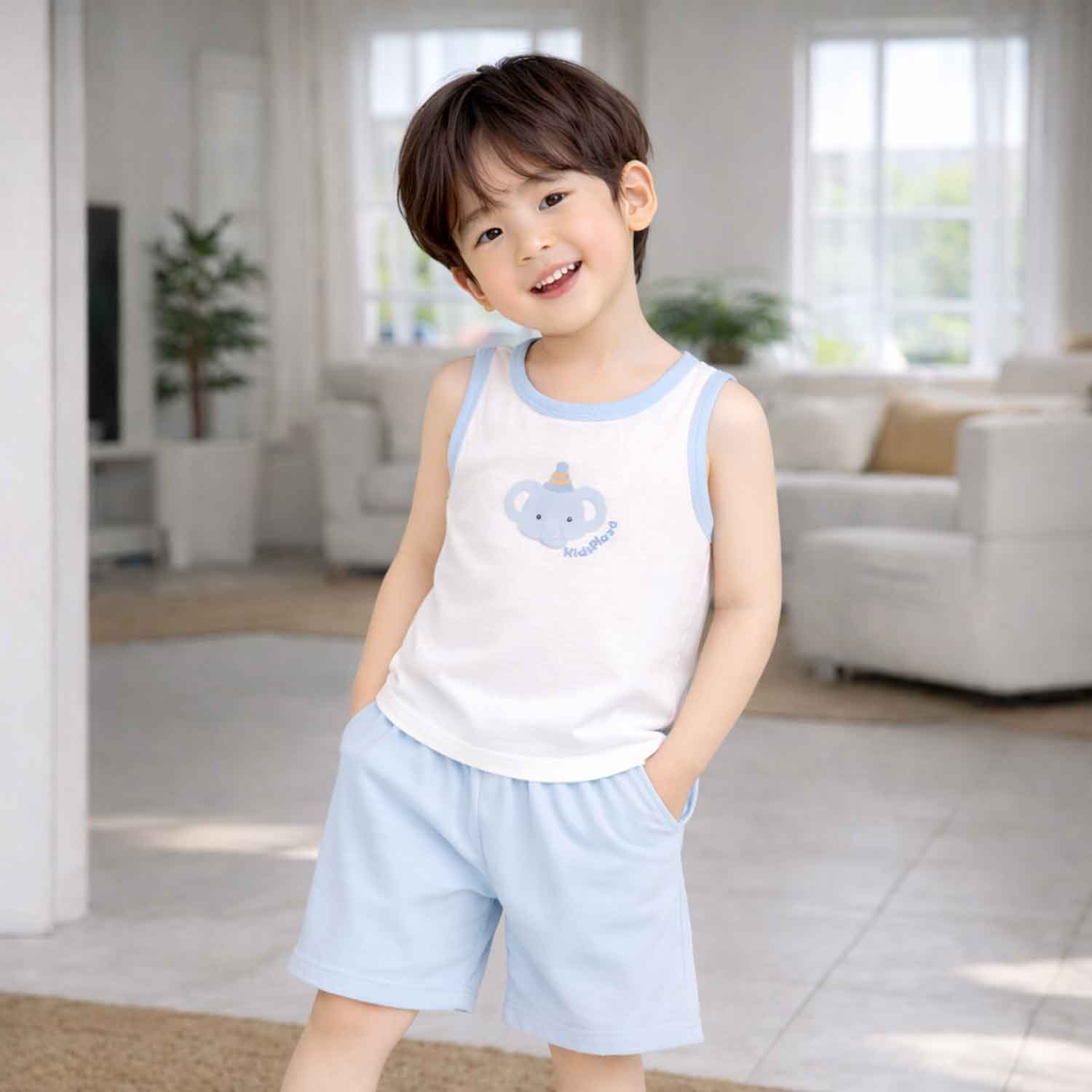 Bộ ba lỗ bé trai KidsPlaza rayon in voi M26H (Trắng xanh) hình 2