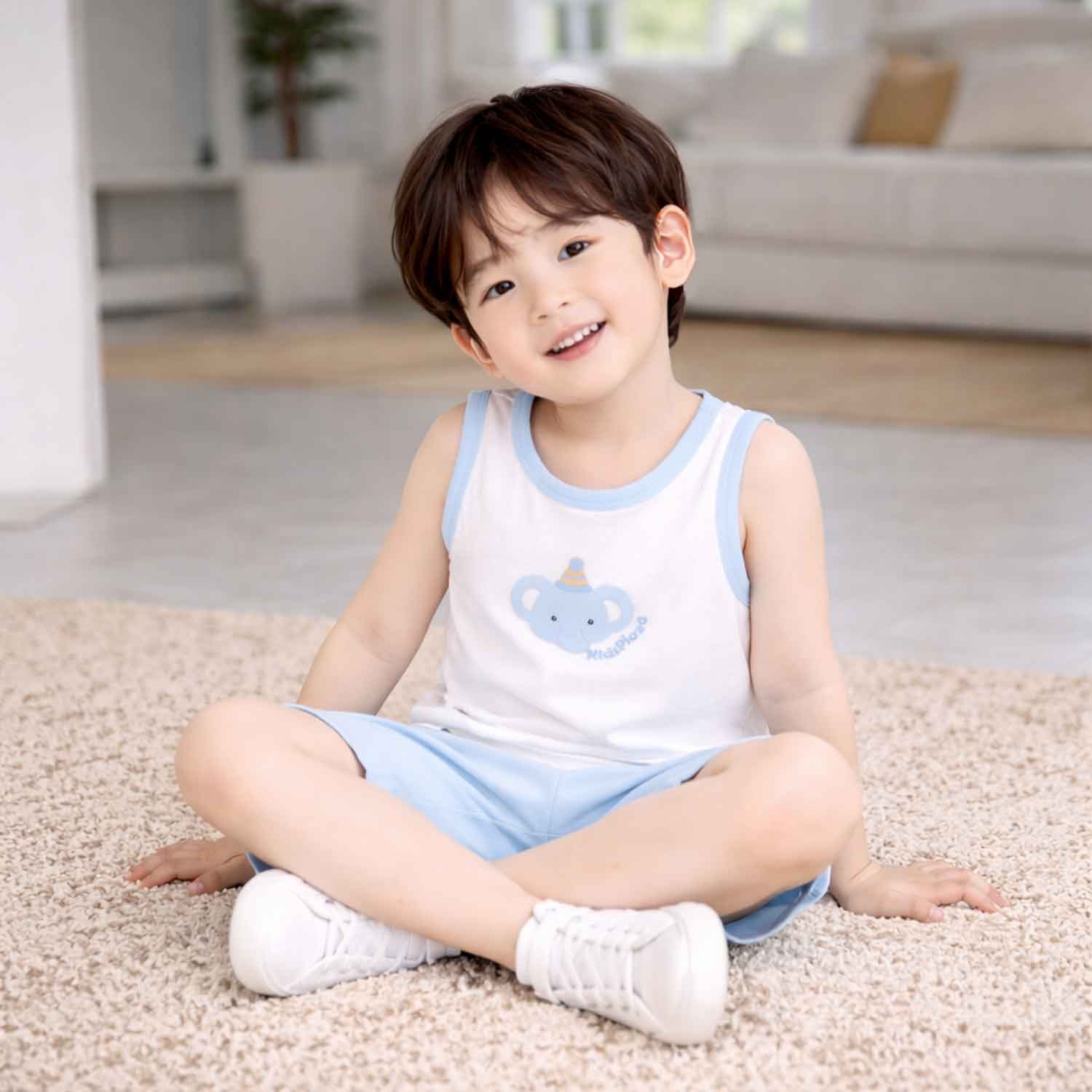 Bộ ba lỗ bé trai KidsPlaza rayon in voi M26H (Trắng xanh) hình 3