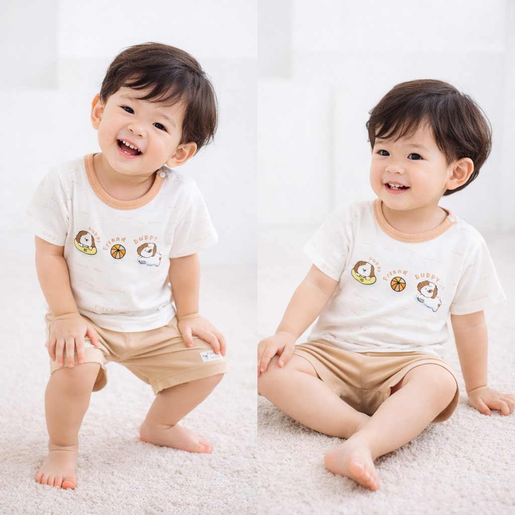 Bộ quần áo cộc tay cài vai KidsPlaza in cún M26H (Trắng nâu)  hình 3