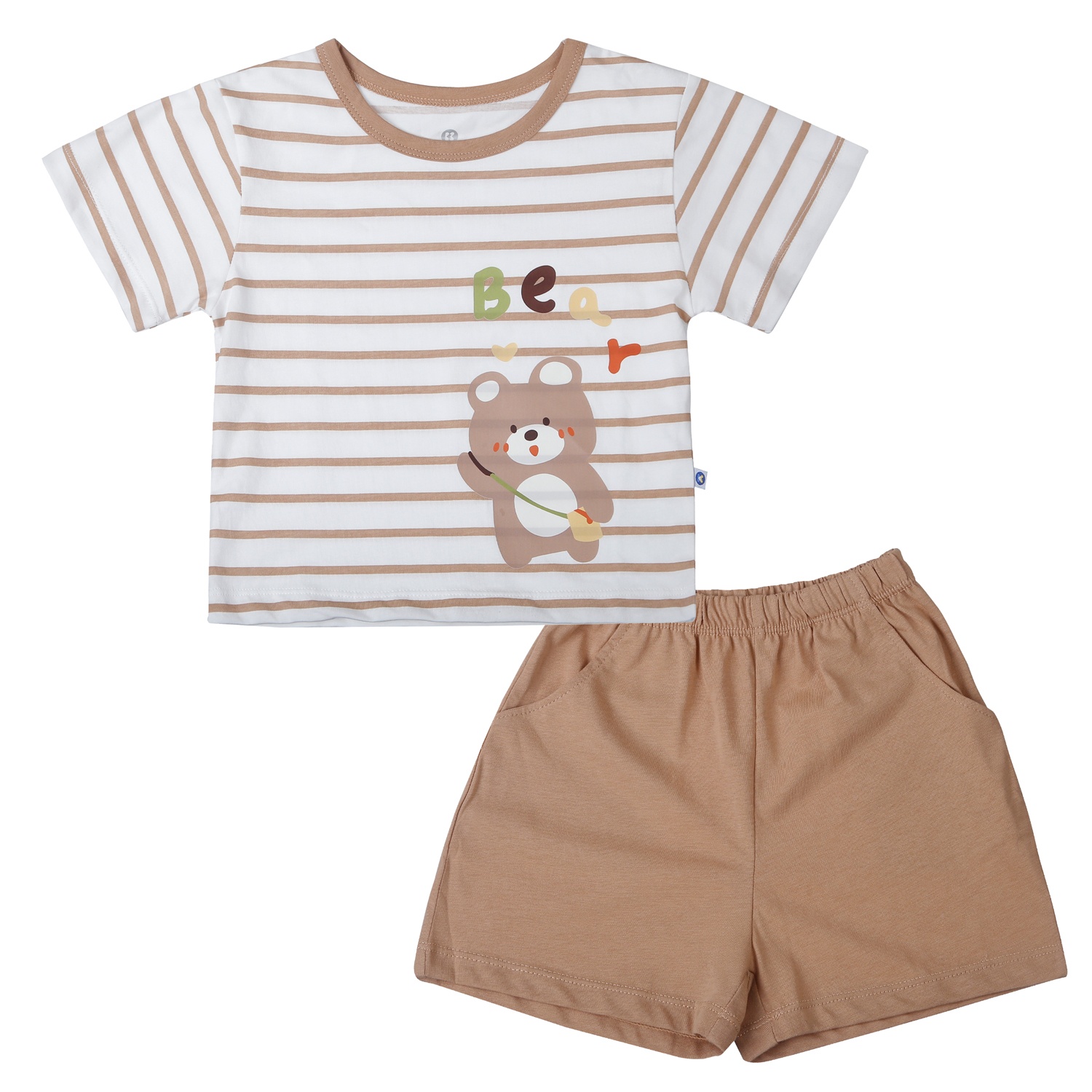 Bộ quần áo cộc tay bé trai KidsPlaza in gấu HN26H (Trắng kẻ nâu) hình 1