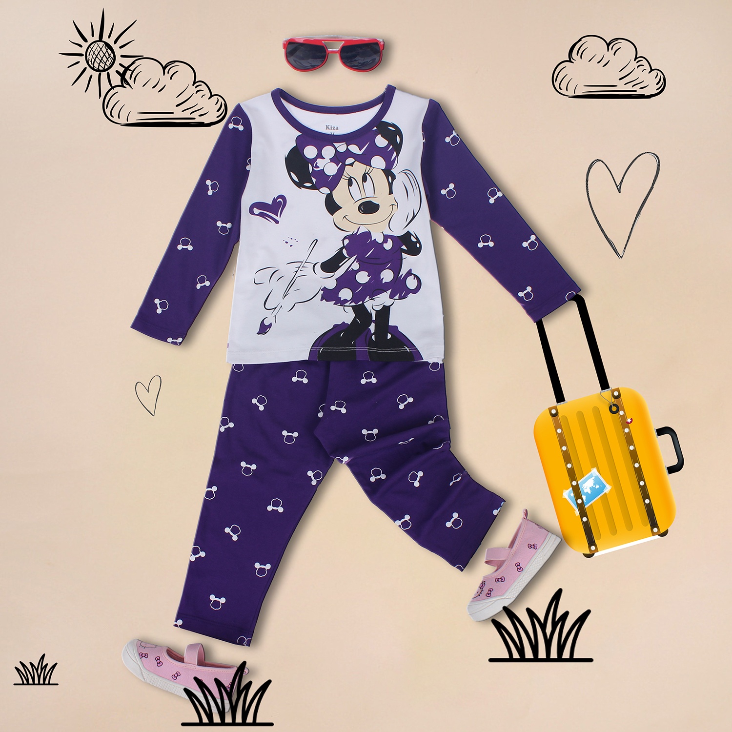 Bộ cotton tay dài in chuột Mickey bé gái Kiza (Màu tím) hình 5