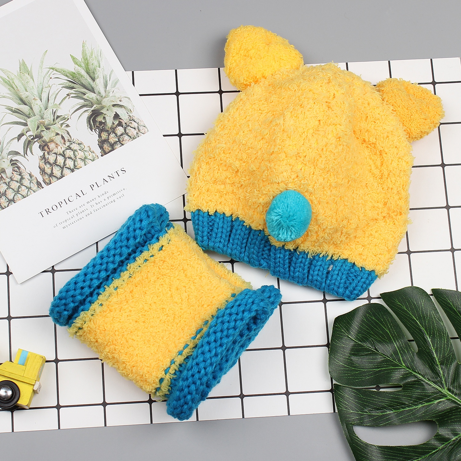 Set khăn mũ len cho bé bông mềm hai tai IT hình 1