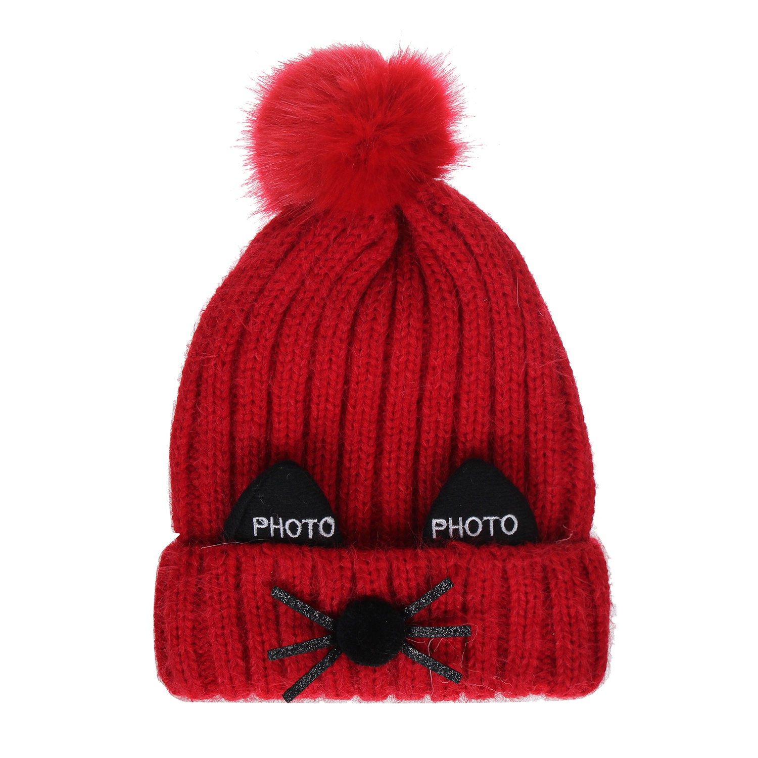 Mũ len thời trang đính hai tai đen và bông tròn hình 1