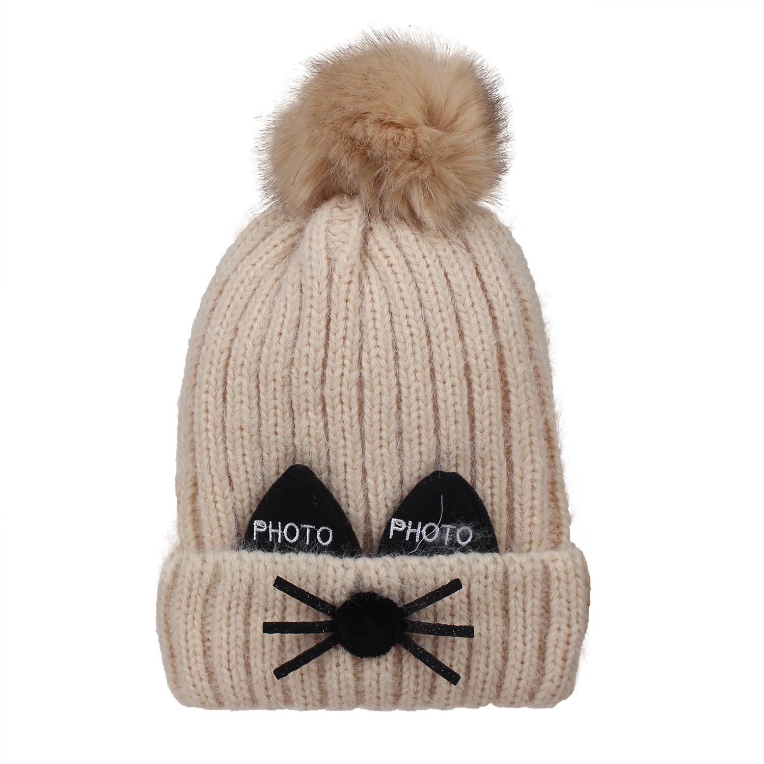 Mũ len thời trang đính hai tai đen và bông tròn hình 3