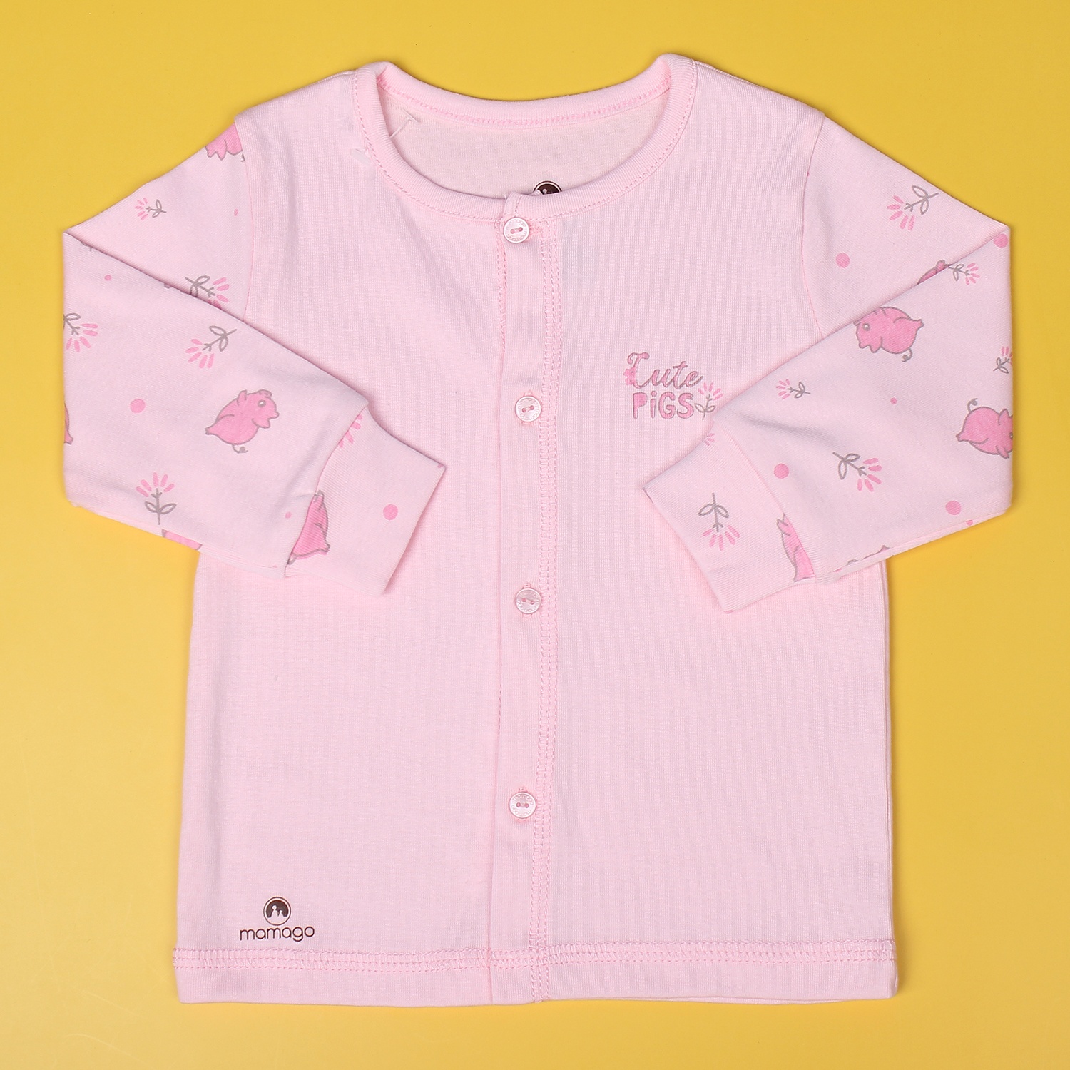 Bộ sơ sinh cài giữa hình chú lợn hồng in tay Mamago NĐ19 (Hồng) hình 2