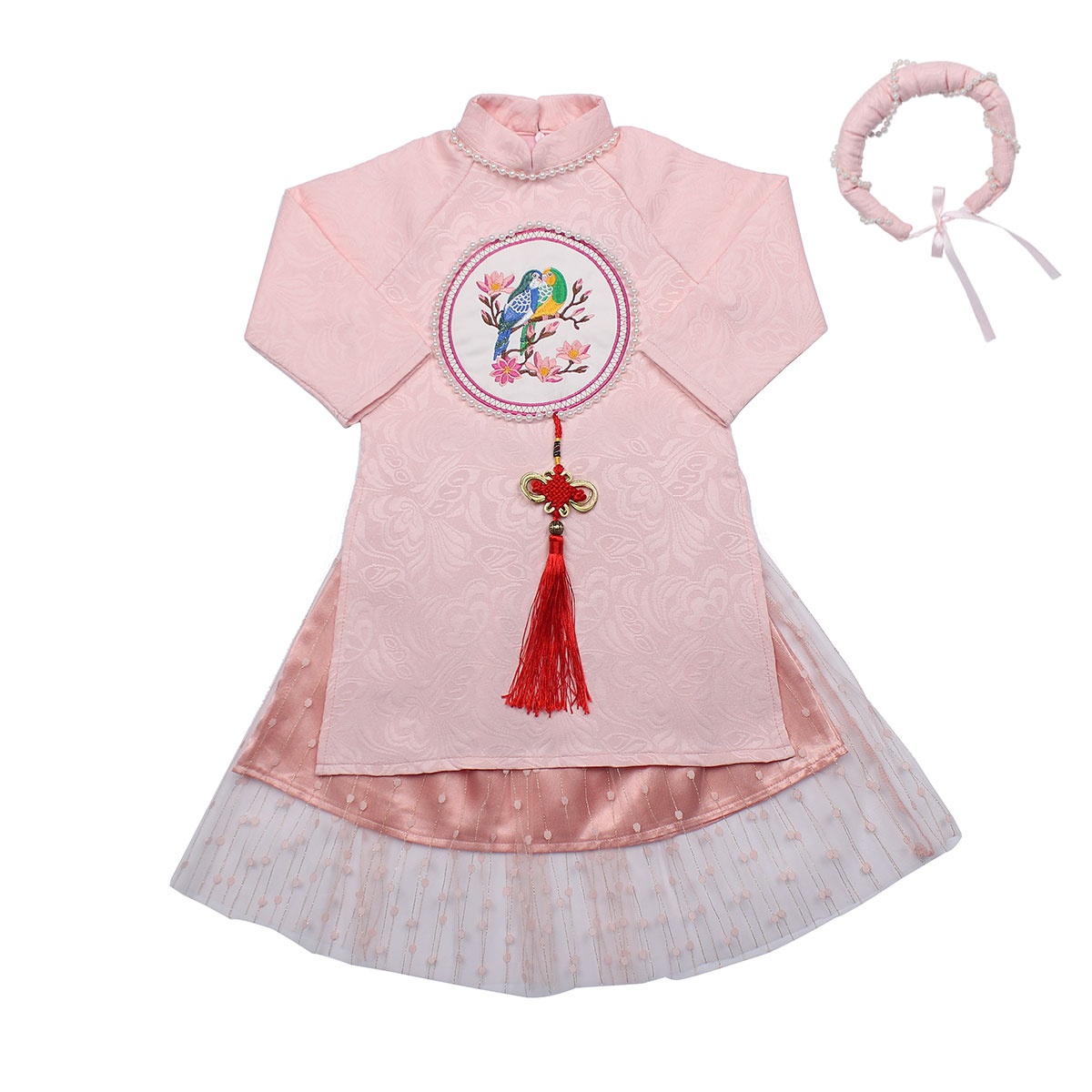 Set áo dài bé gái thêu chim và hoa Mamago M19HN (Hồng) Set áo dài bé gái thêu chim và hoa Mamago M19HN (Hồng) hình 1