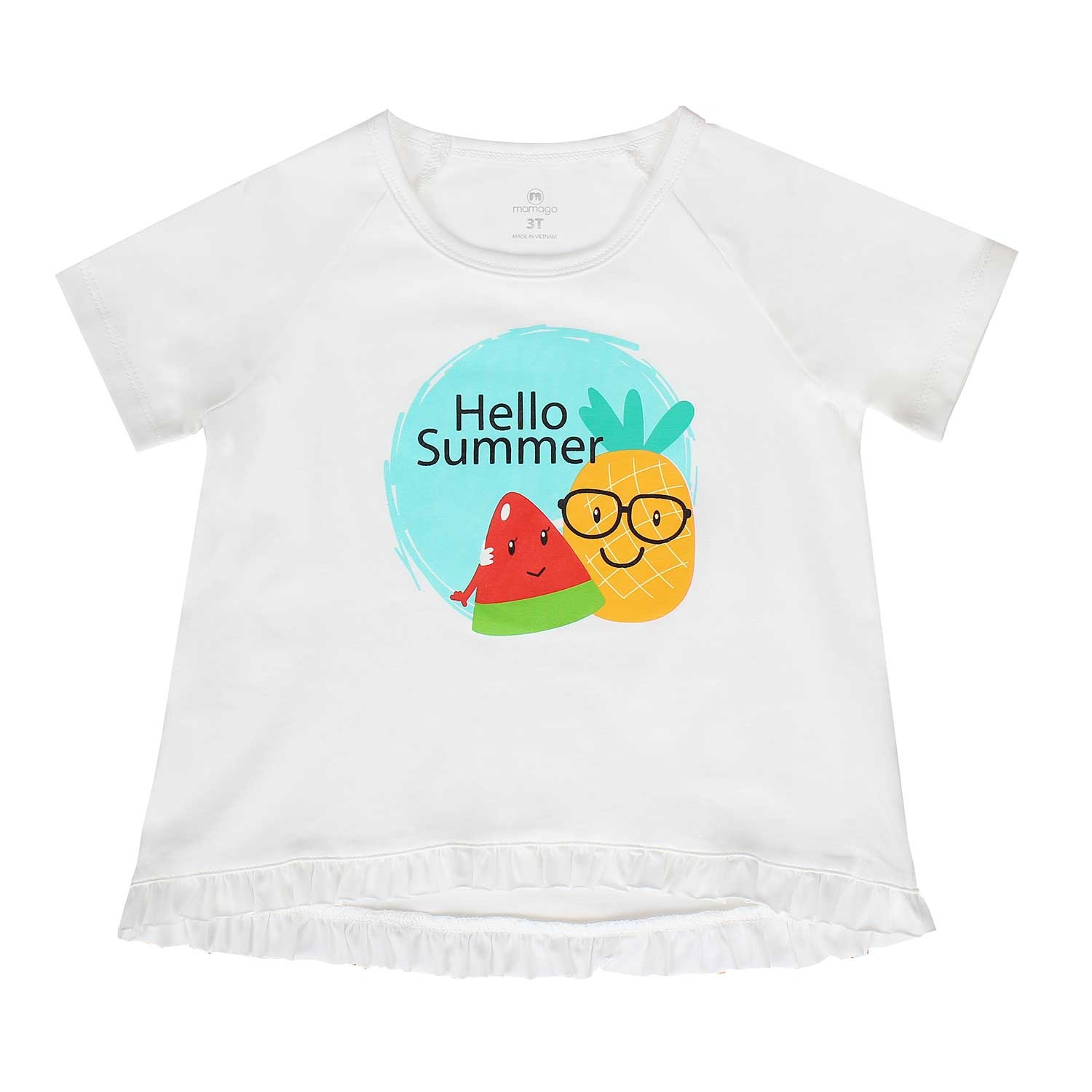 Áo bé gái cộc tay in chữ Hello Summer Mamago trắng hình 1