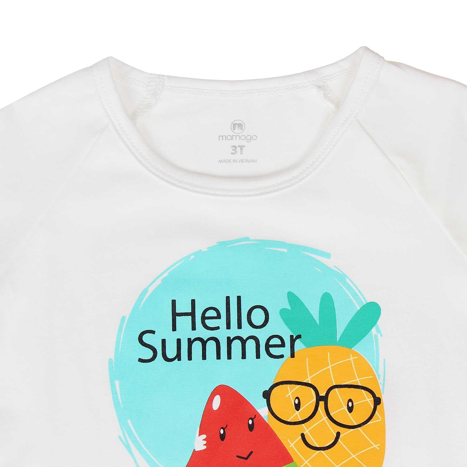 Áo bé gái cộc tay in chữ Hello Summer Mamago trắng hình 3