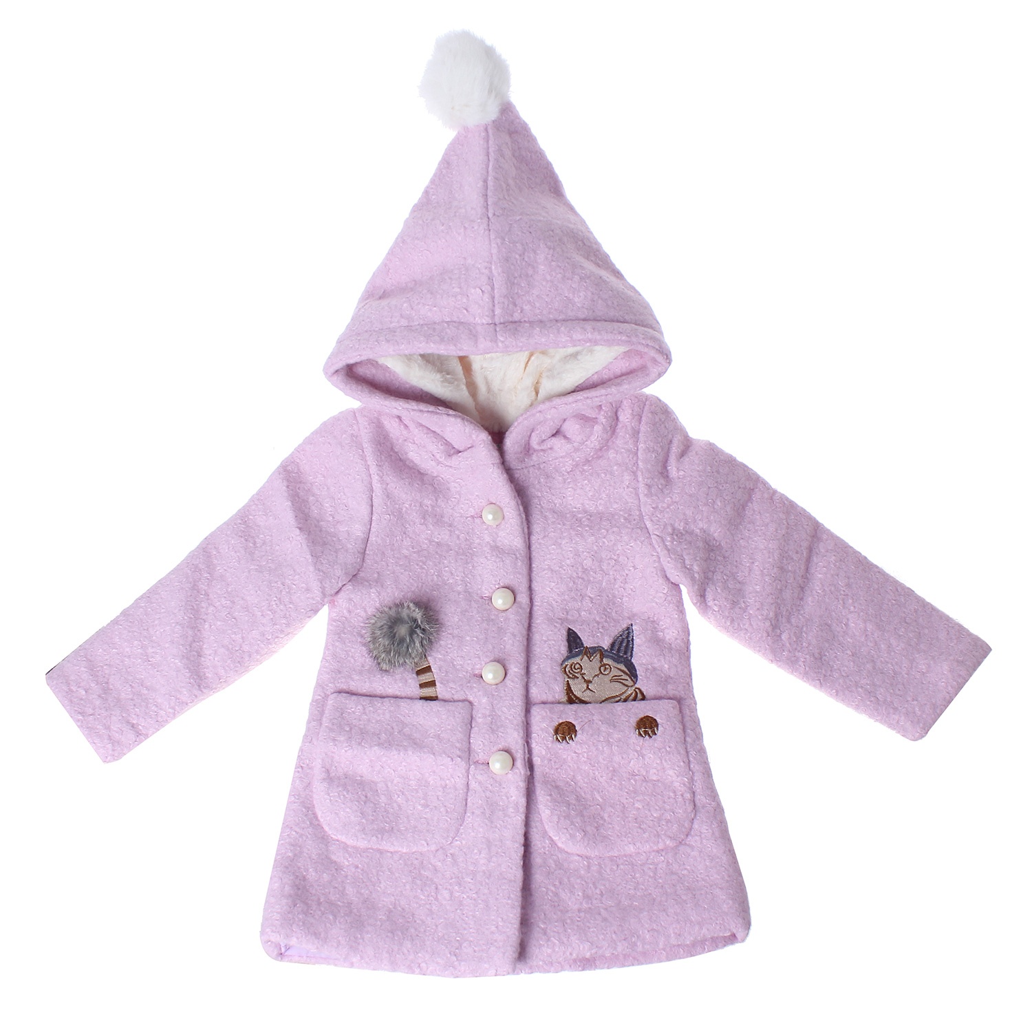 Áo khoác dạ hồng thêu hình mèo cho bé gái hình 1