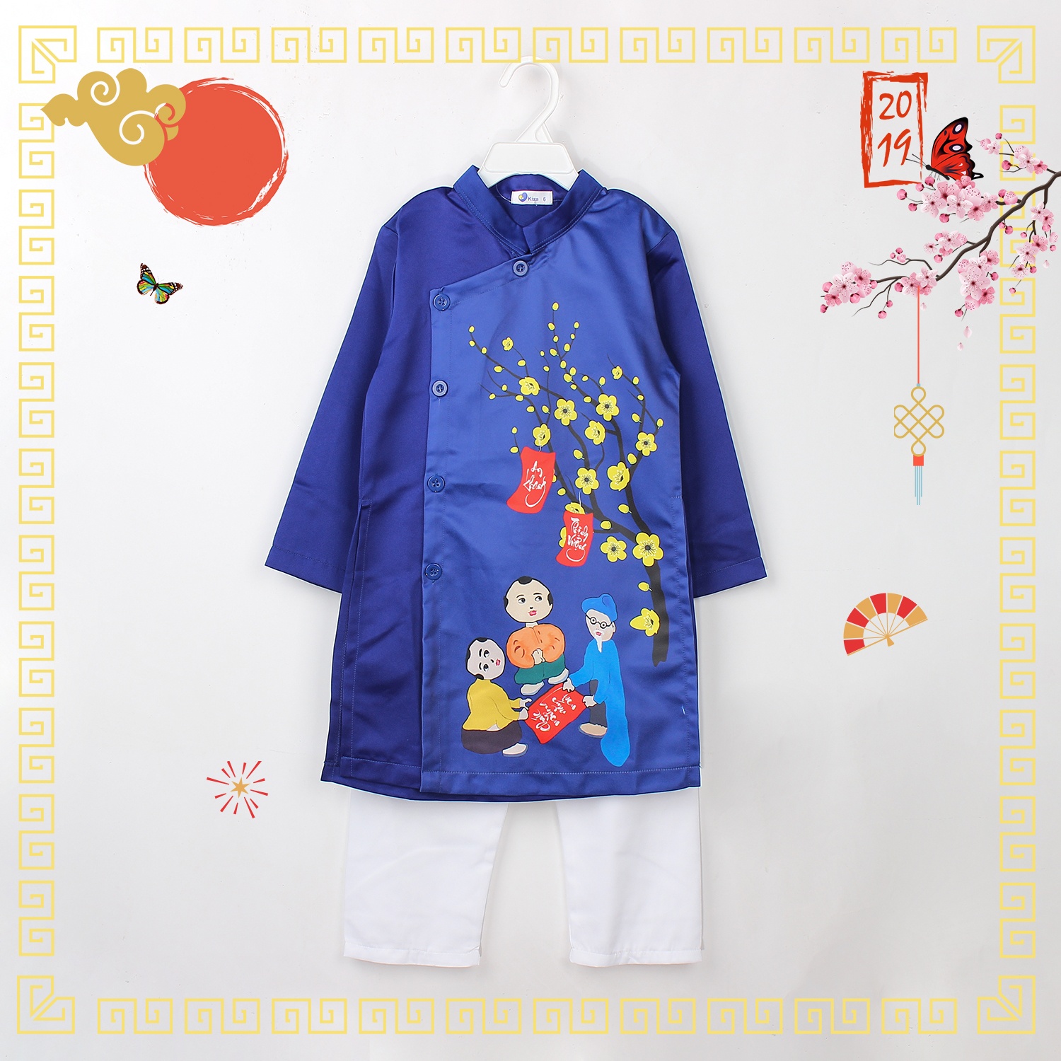 Áo dài tết cách tân bé trai Kiza in hình thầy đồ kèm câu đối HT18 hình 1