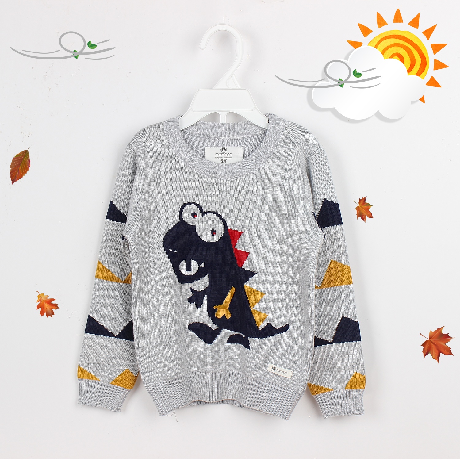 Áo len thời trang cho bé trai in hình khủng long Mamago (Ghi) hình 1