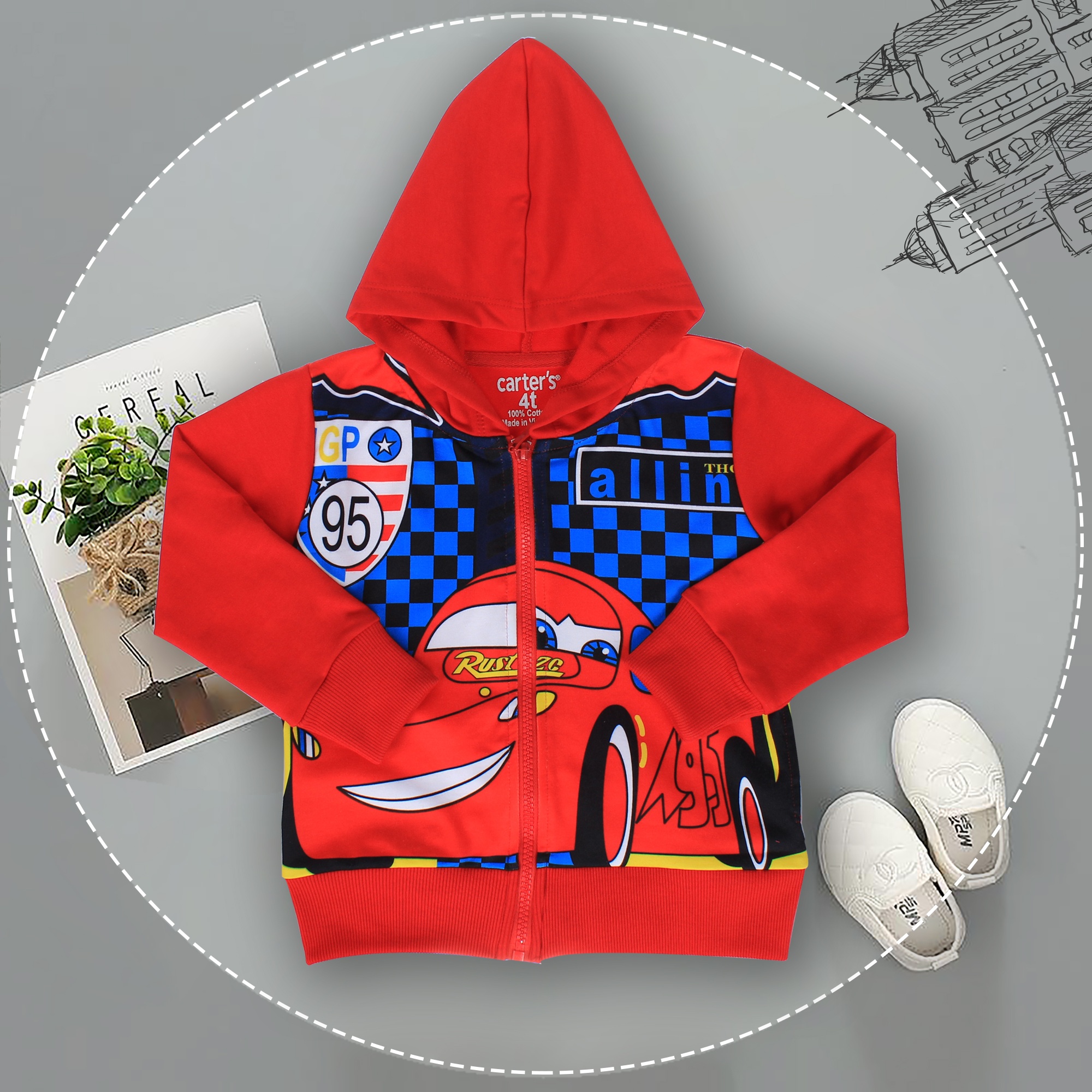 Áo nỉ bé trai khóa kéo có mũ in hình ô tô 3D hình 4