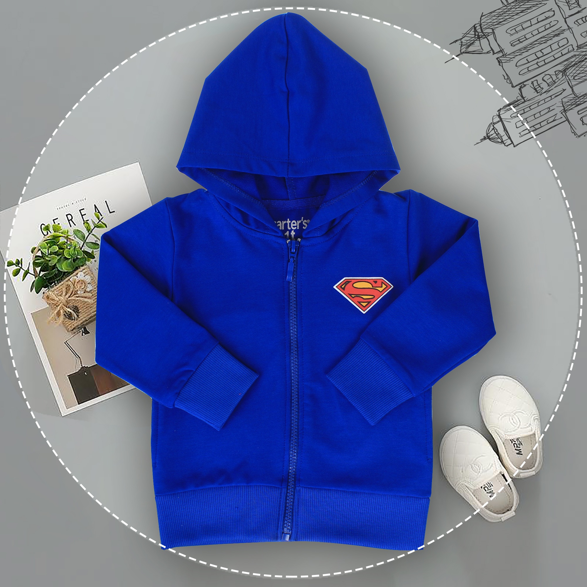 Áo nỉ bé trai khóa kéo có mũ in logo Superman hình 4