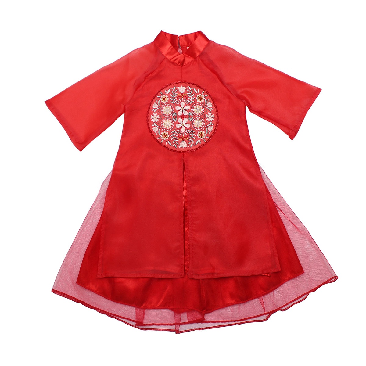 Bộ áo dài bé gái thêu hoa 4 tà M19D (Đỏ) hình 2