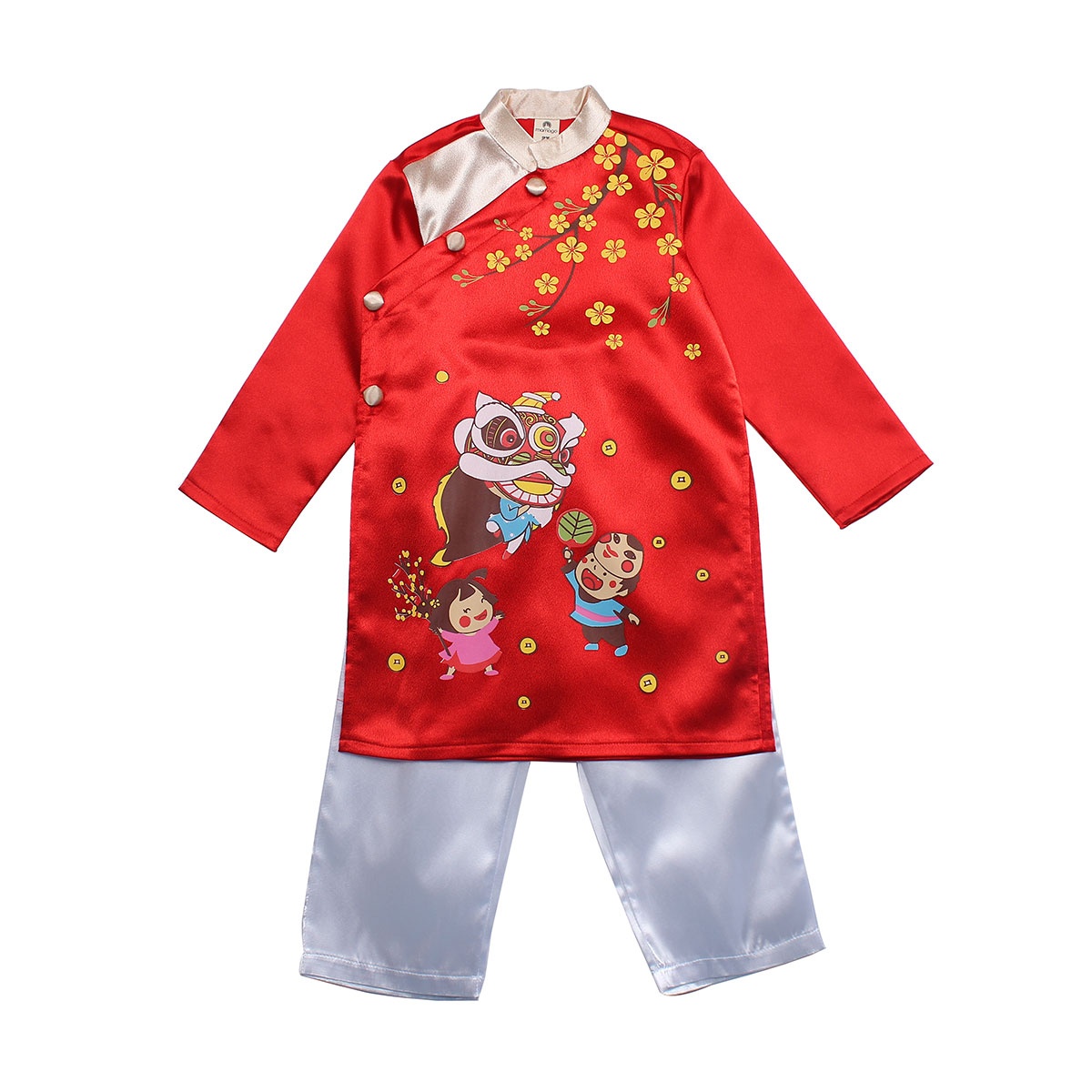 Bộ áo dài bé trai Mamago in hình múa lân M19D (Đỏ) hình 2