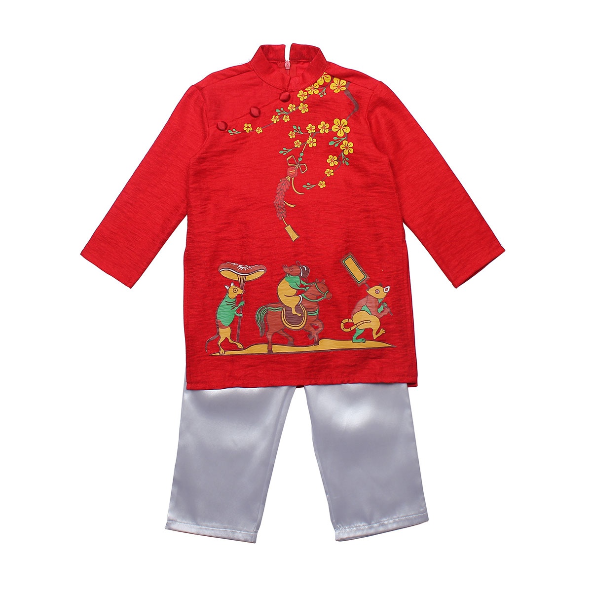 Bộ áo dài tết bé trai Mamago in hình đám cưới chuột M19D (Đỏ) hình 1