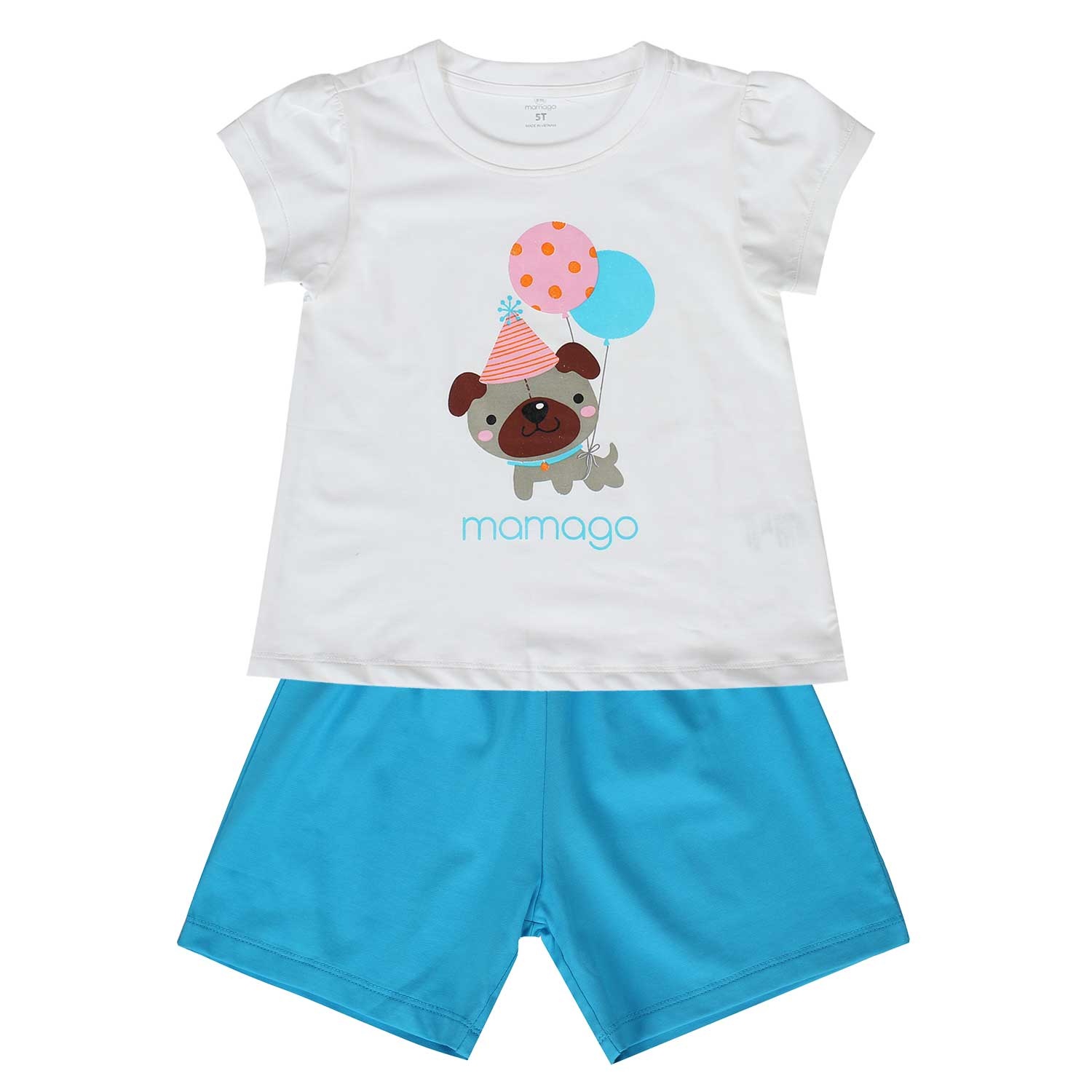 Bộ cộc tay bé gái in hình cún bóng bay Mamago Xanh hình 1