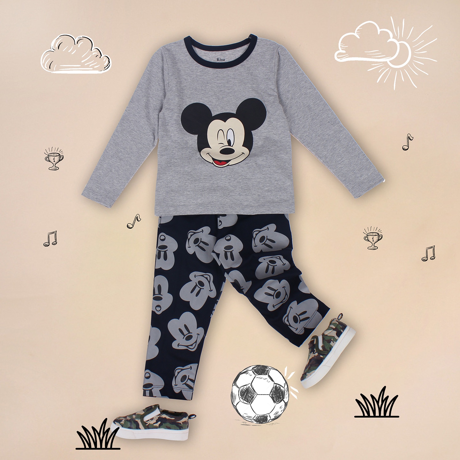 Bộ cotton tay dài in chú chuột Mickey Kiza bé trai  hình 1