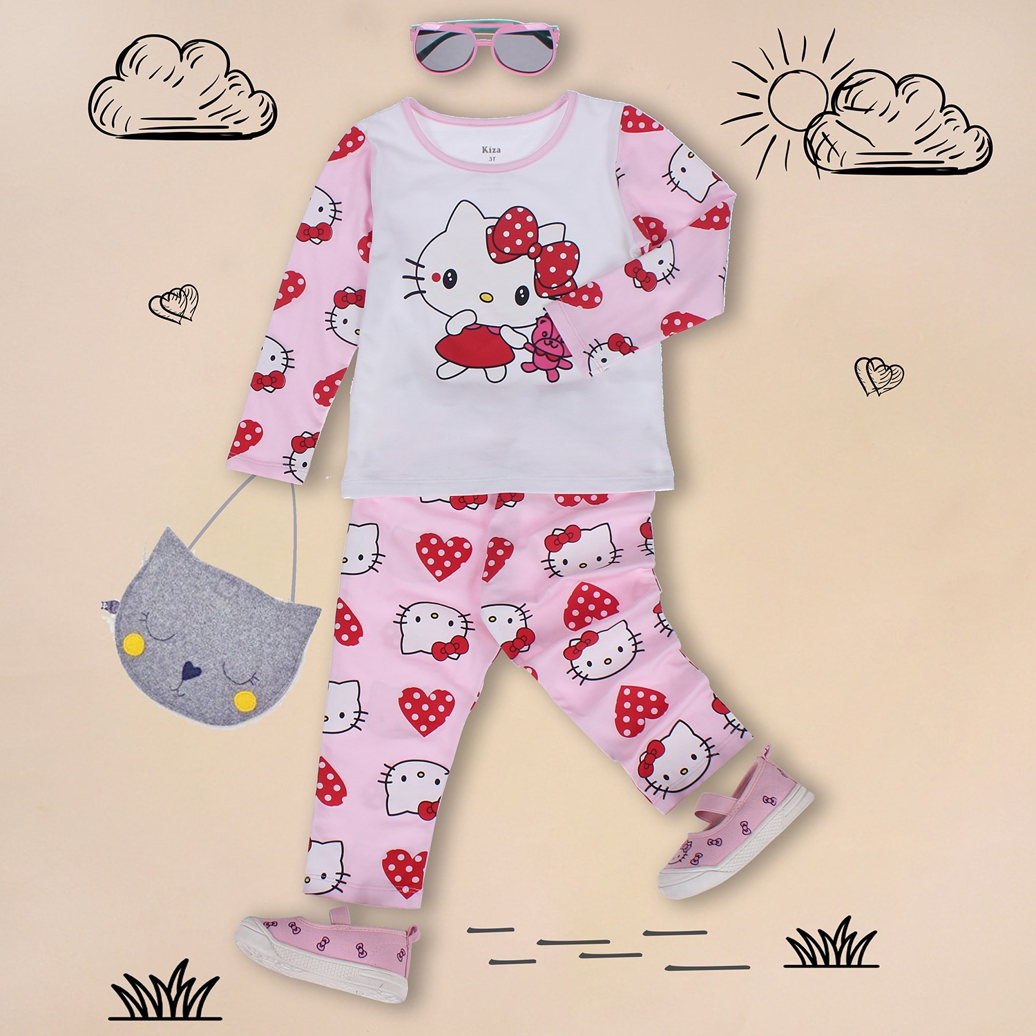 Bộ cotton tay dài in chú mèo Hello Kitty Kiza bé gái hình 1