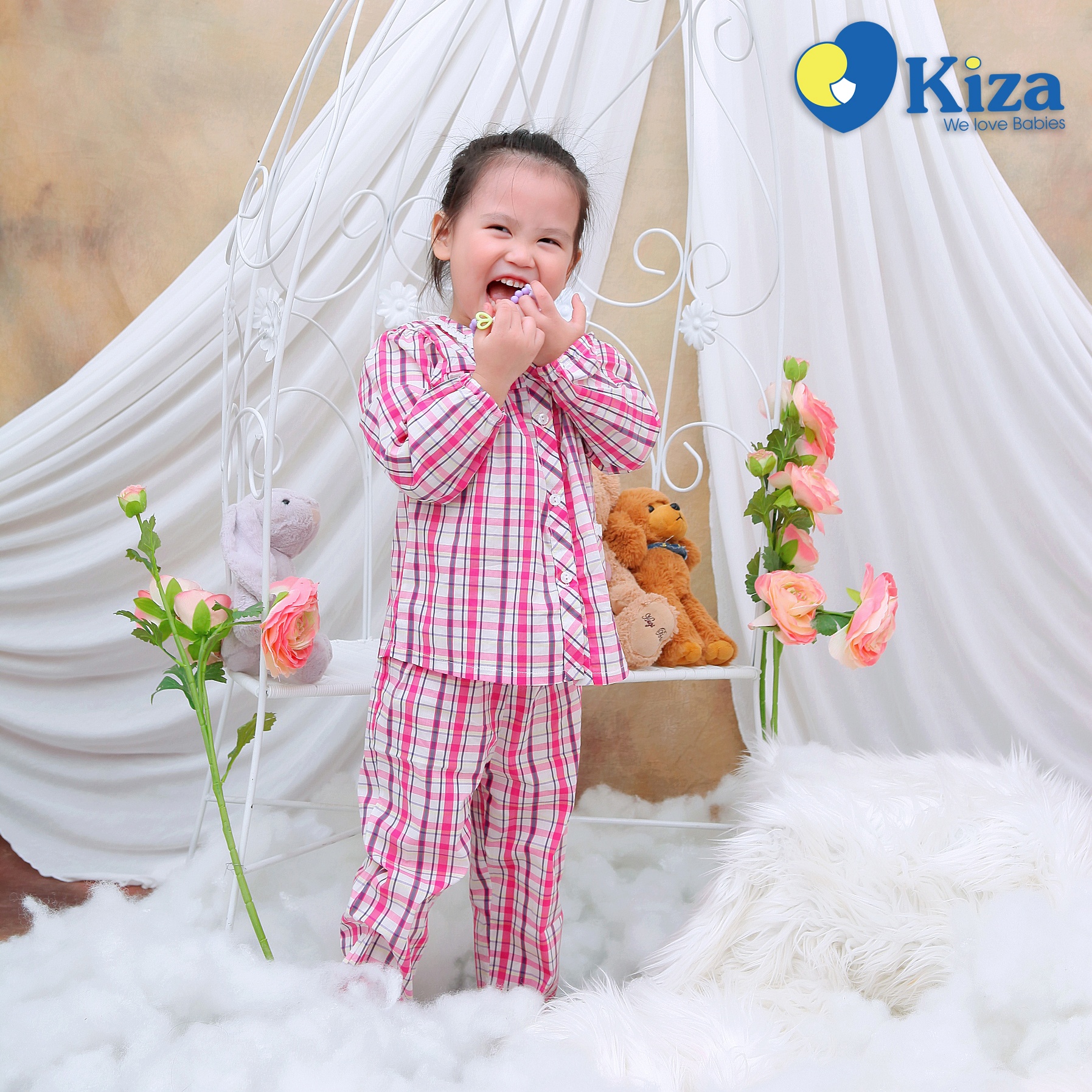 Bộ Pijama bé gái kẻ caro hồng Kiza hình 1