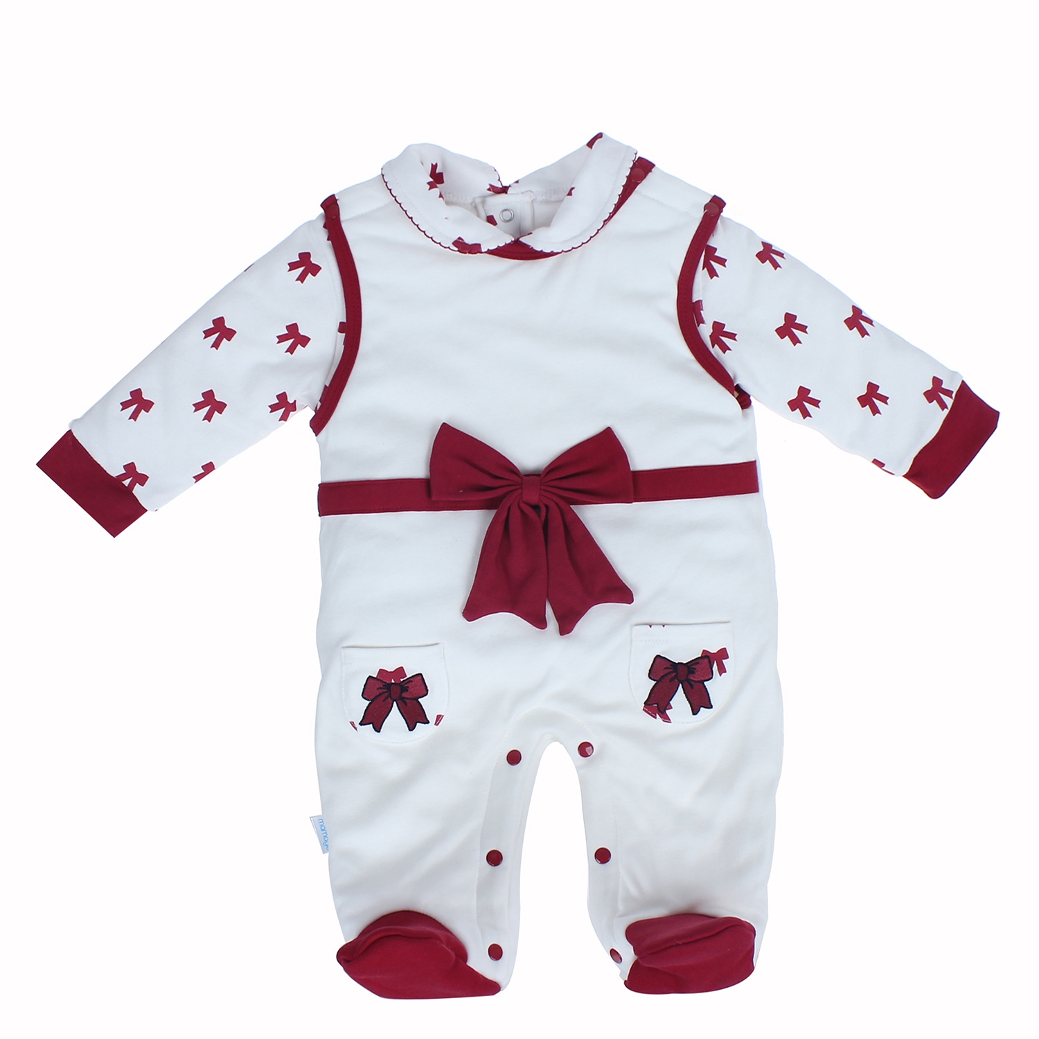 Bộ quần áo bé gái liền chân thêu nơ Mamago 3303 hình 1